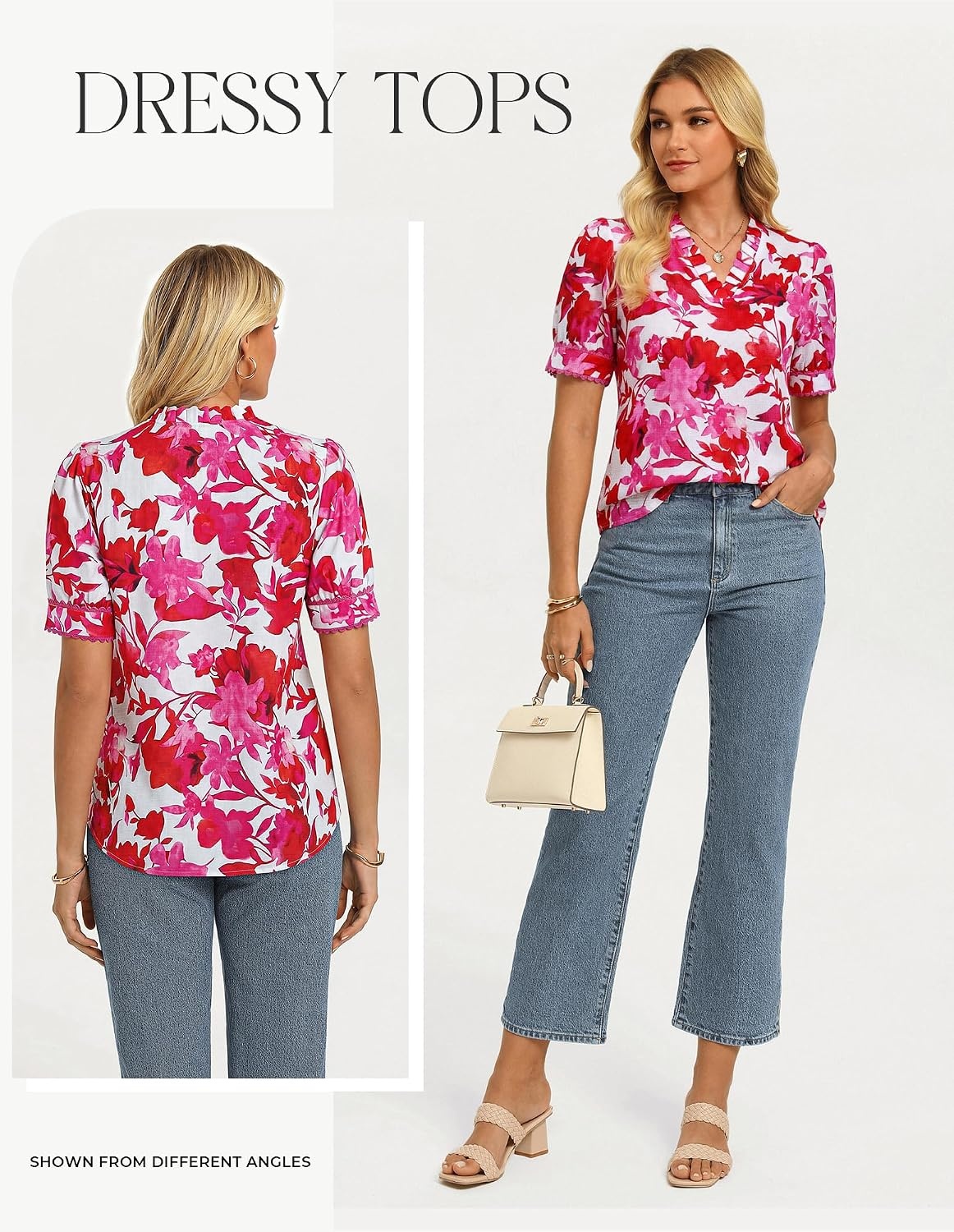 image:imageGRACE KARIN Women Boho Floral Tops Summer Puff Short Sleeve Dressy Casual Shirts 2026 Spring V Neck Vacation Work BlouseRose Red