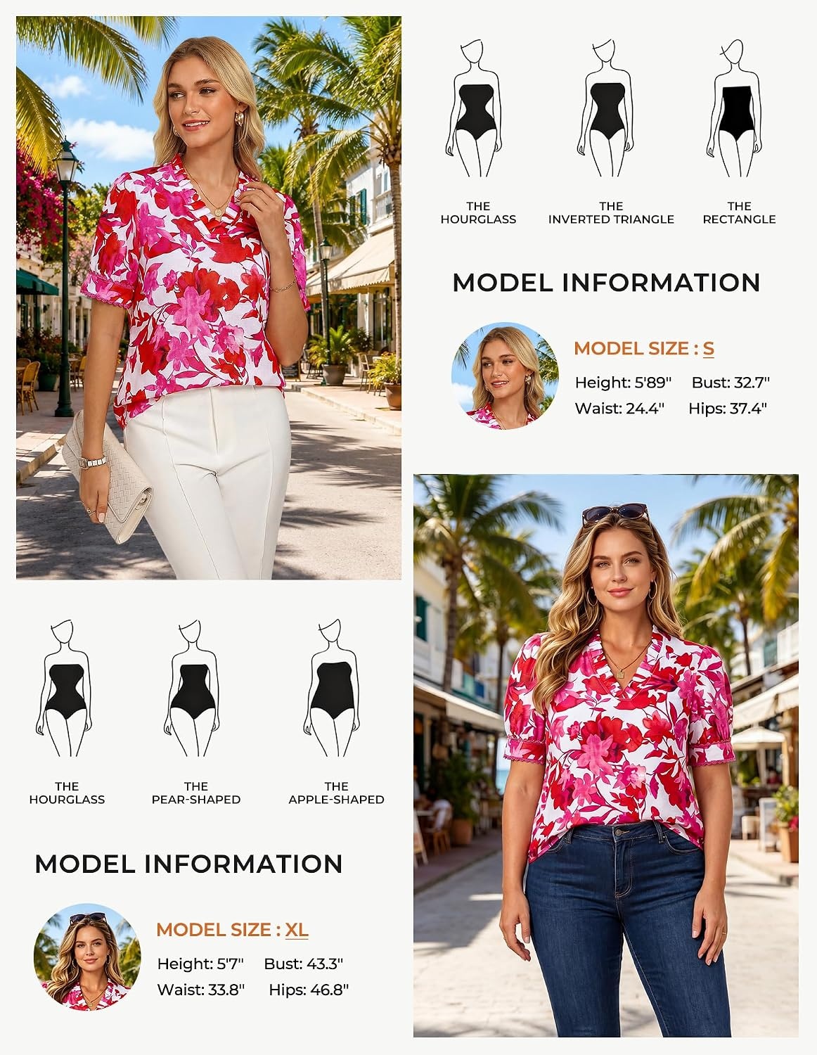 image:imageGRACE KARIN Women Boho Floral Tops Summer Puff Short Sleeve Dressy Casual Shirts 2026 Spring V Neck Vacation Work BlouseRose Red