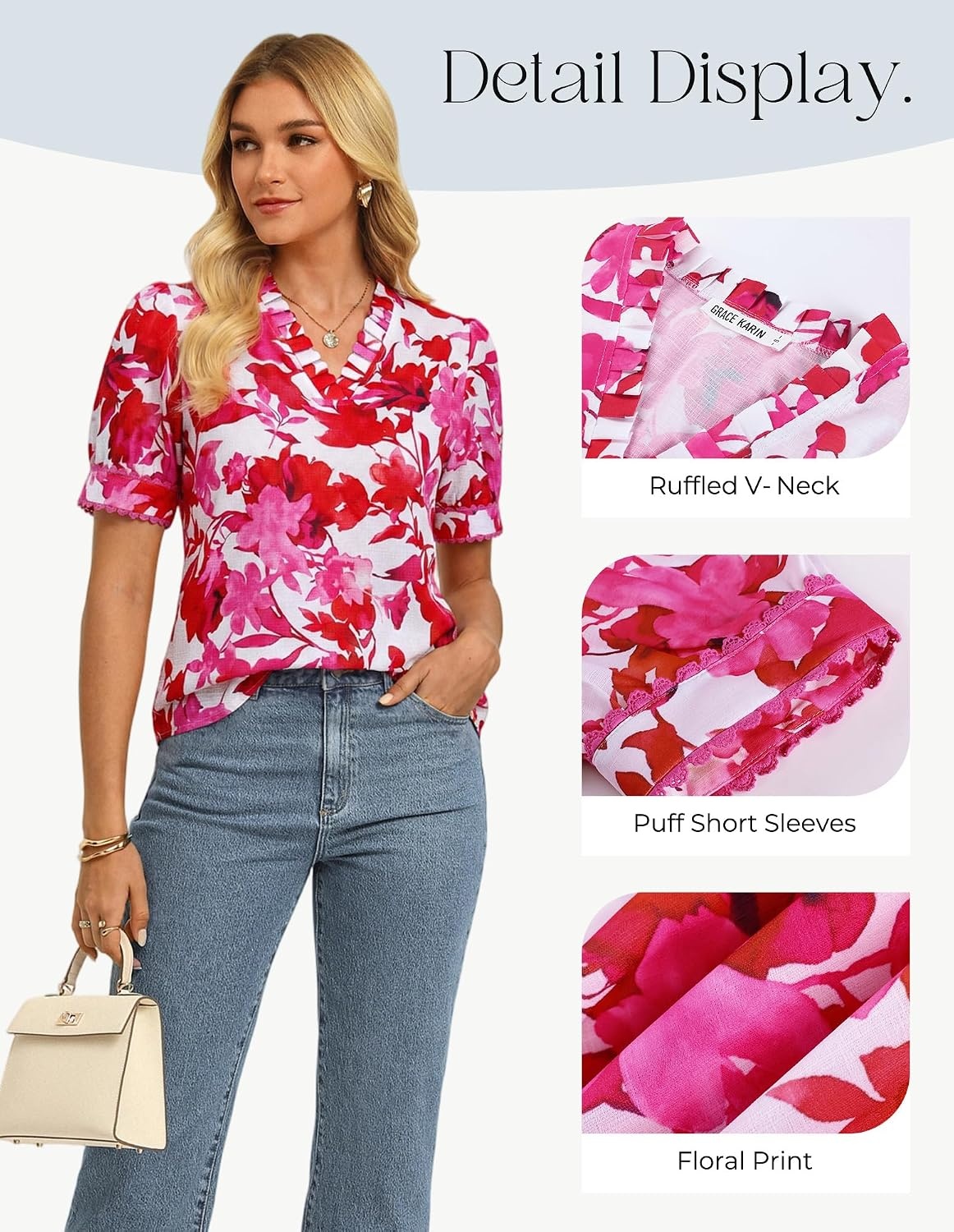 image:imageGRACE KARIN Women Boho Floral Tops Summer Puff Short Sleeve Dressy Casual Shirts 2026 Spring V Neck Vacation Work BlouseRose Red