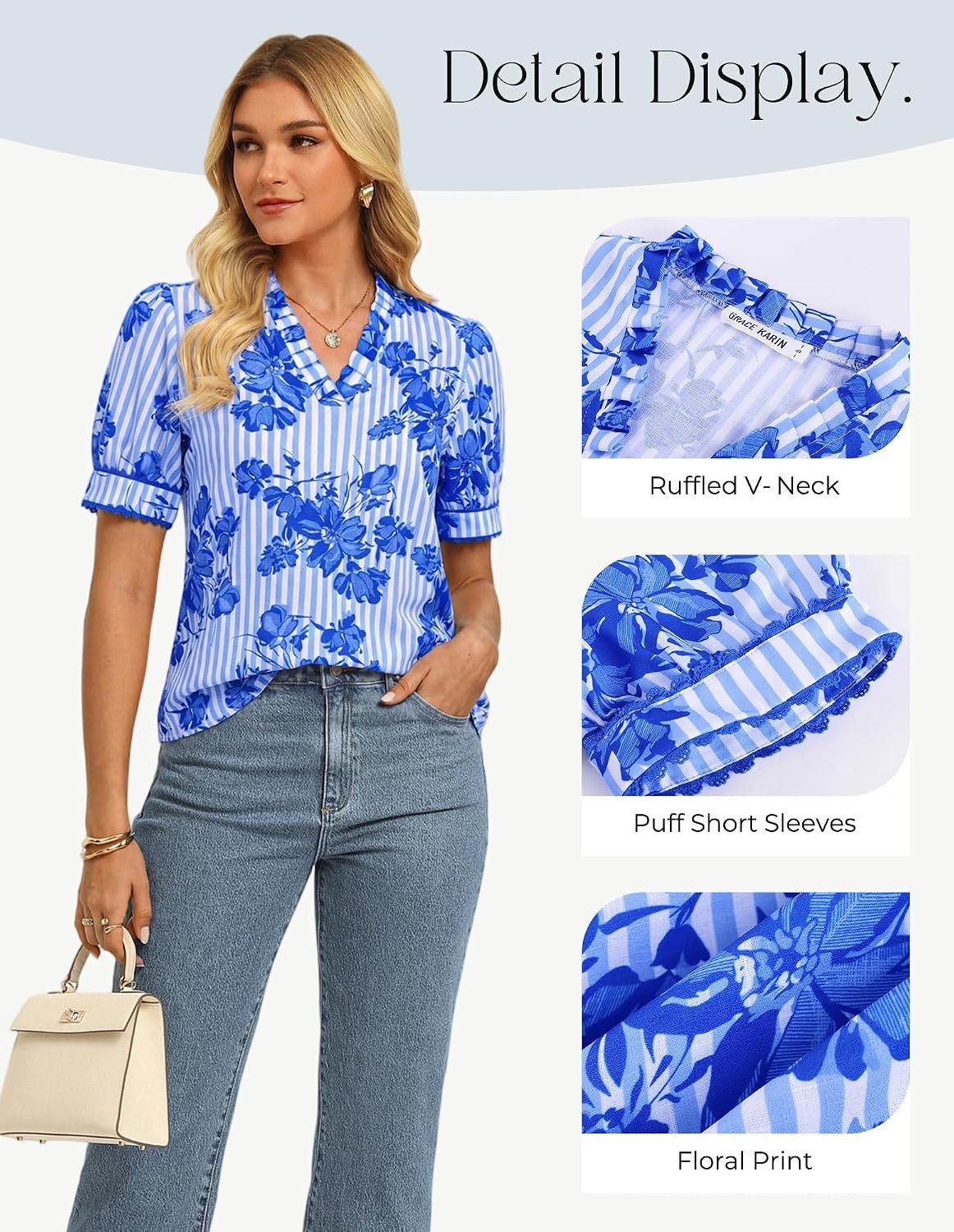 image:imageGRACE KARIN Women Boho Floral Tops Summer Puff Short Sleeve Dressy Casual Shirts 2026 Spring V Neck Vacation Work BlouseStriped Blue