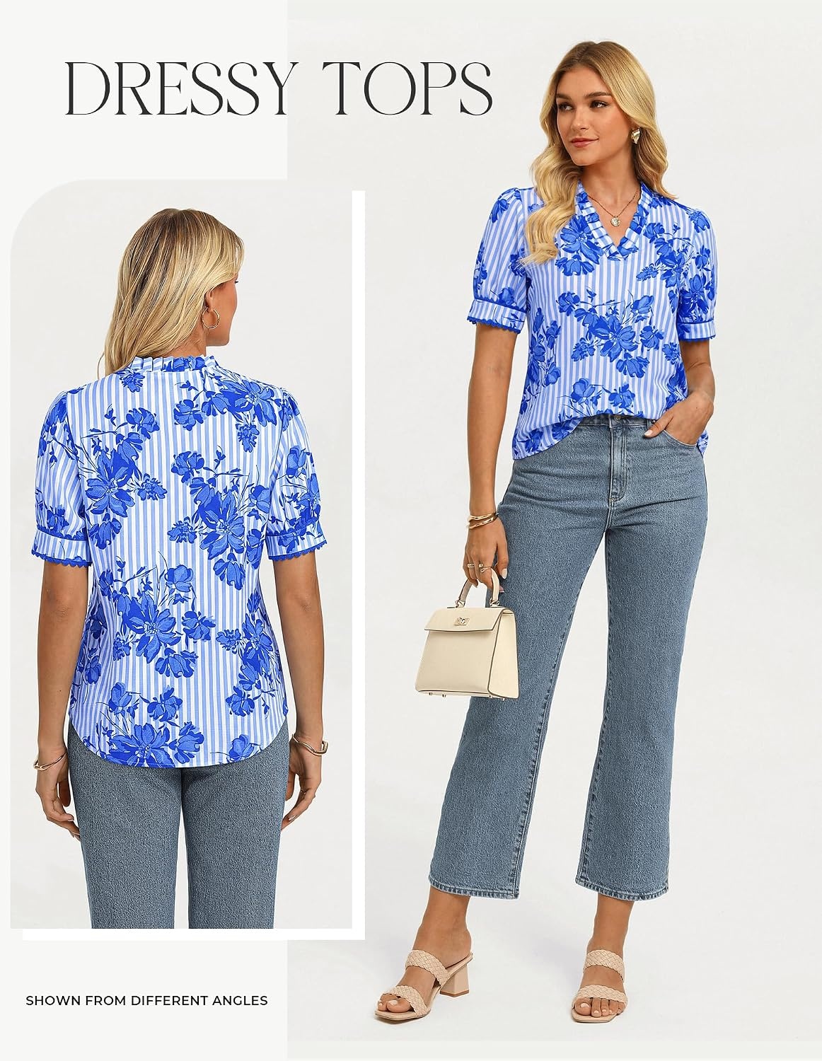 image:imageGRACE KARIN Women Boho Floral Tops Summer Puff Short Sleeve Dressy Casual Shirts 2026 Spring V Neck Vacation Work BlouseStriped Blue