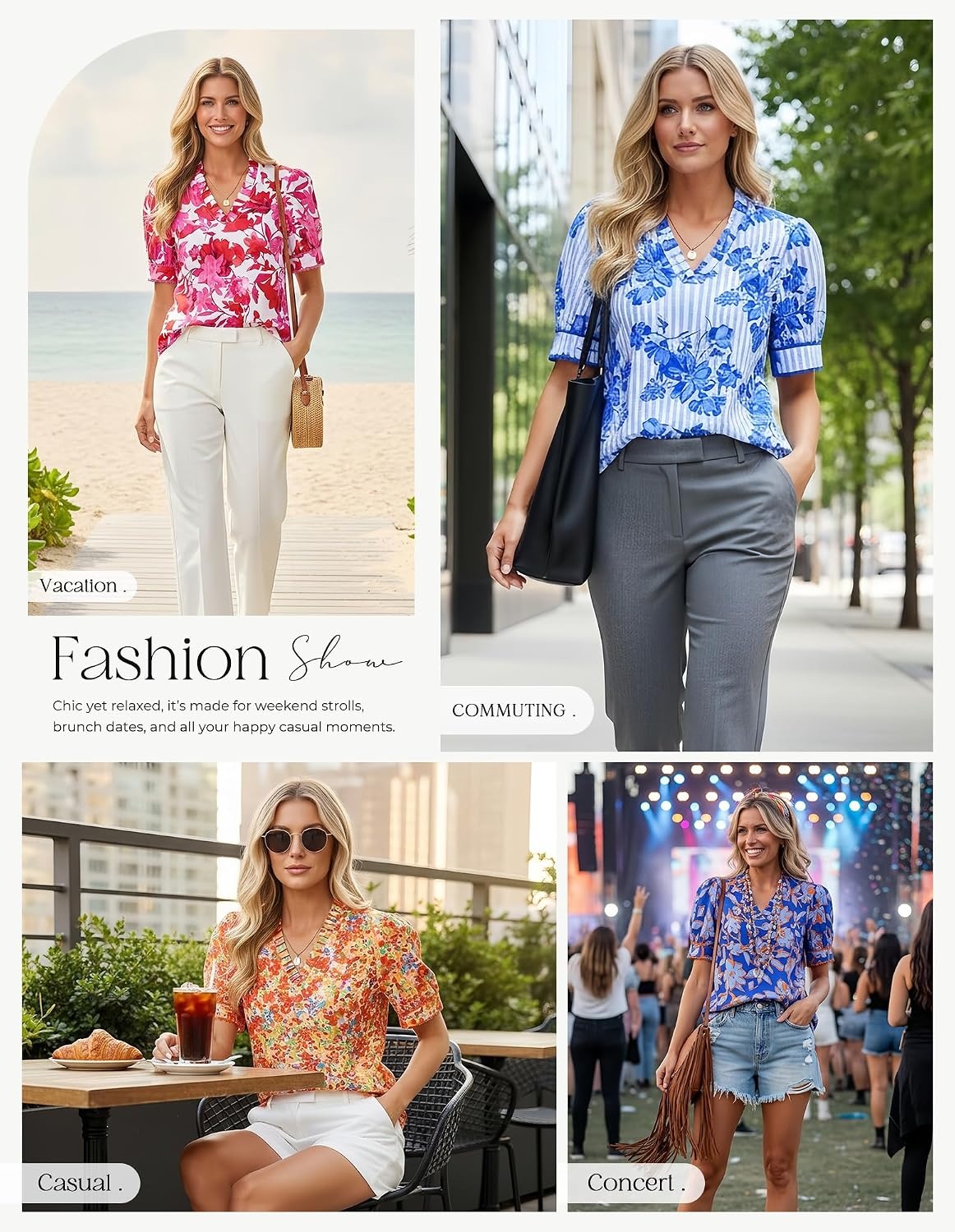 image:imageGRACE KARIN Women Boho Floral Tops Summer Puff Short Sleeve Dressy Casual Shirts 2026 Spring V Neck Vacation Work BlouseStriped Blue