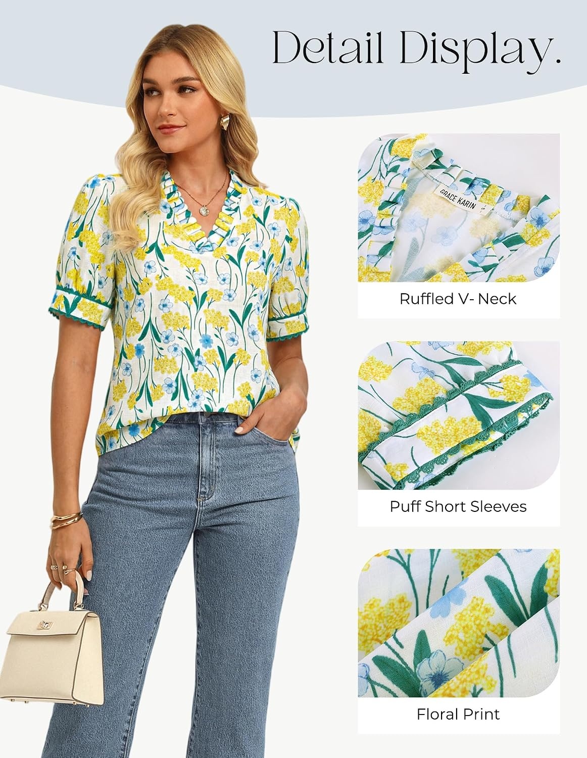 image:imageGRACE KARIN Women Boho Floral Tops Summer Puff Short Sleeve Dressy Casual Shirts 2026 Spring V Neck Vacation Work BlouseYellow Floral
