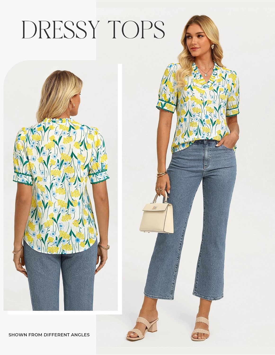 image:imageGRACE KARIN Women Boho Floral Tops Summer Puff Short Sleeve Dressy Casual Shirts 2026 Spring V Neck Vacation Work BlouseYellow Floral