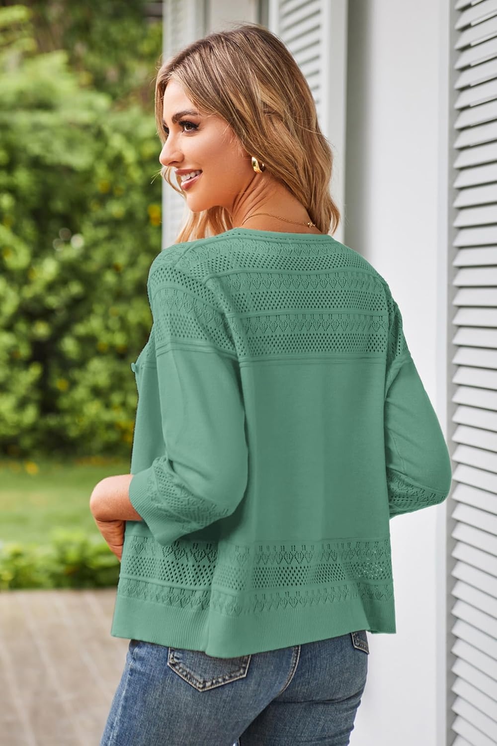 image:imageGRACE KARIN Womens 2026 Cropped Cardigan 34 Sleeve Lightweight Crochet Shrug HollowedOut Knit Sweater TopsLake Blue