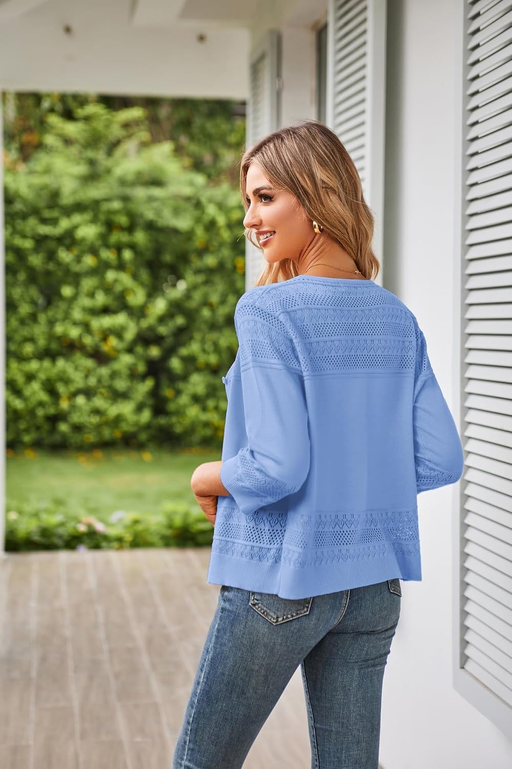 image:imageGRACE KARIN Womens 2026 Cropped Cardigan 34 Sleeve Lightweight Crochet Shrug HollowedOut Knit Sweater TopsLight Sky Blue