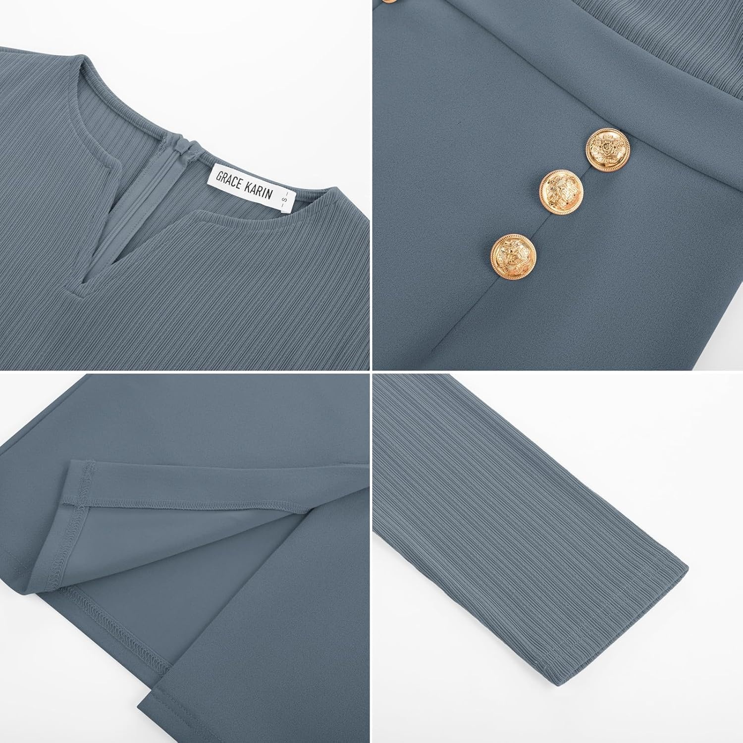 image:imageGRACE KARIN Womens 2026 Fall Henly V Neck Business Work Dress Long Sleeve Bodycon Midi Elegant Office Sheath DressGrey Blue