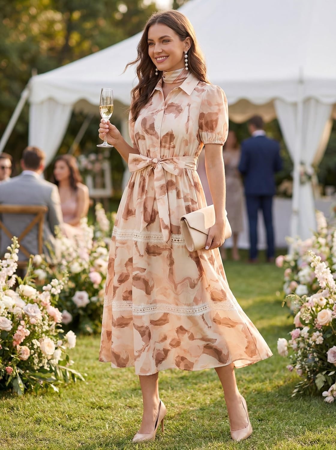 image:imageGRACE KARIN Womens 2026 Summer Floral Flowy Dresses Boho Tie Belt Short Puff Sleeve A Line Maxi Shirt Dress with PocketBeige Brown