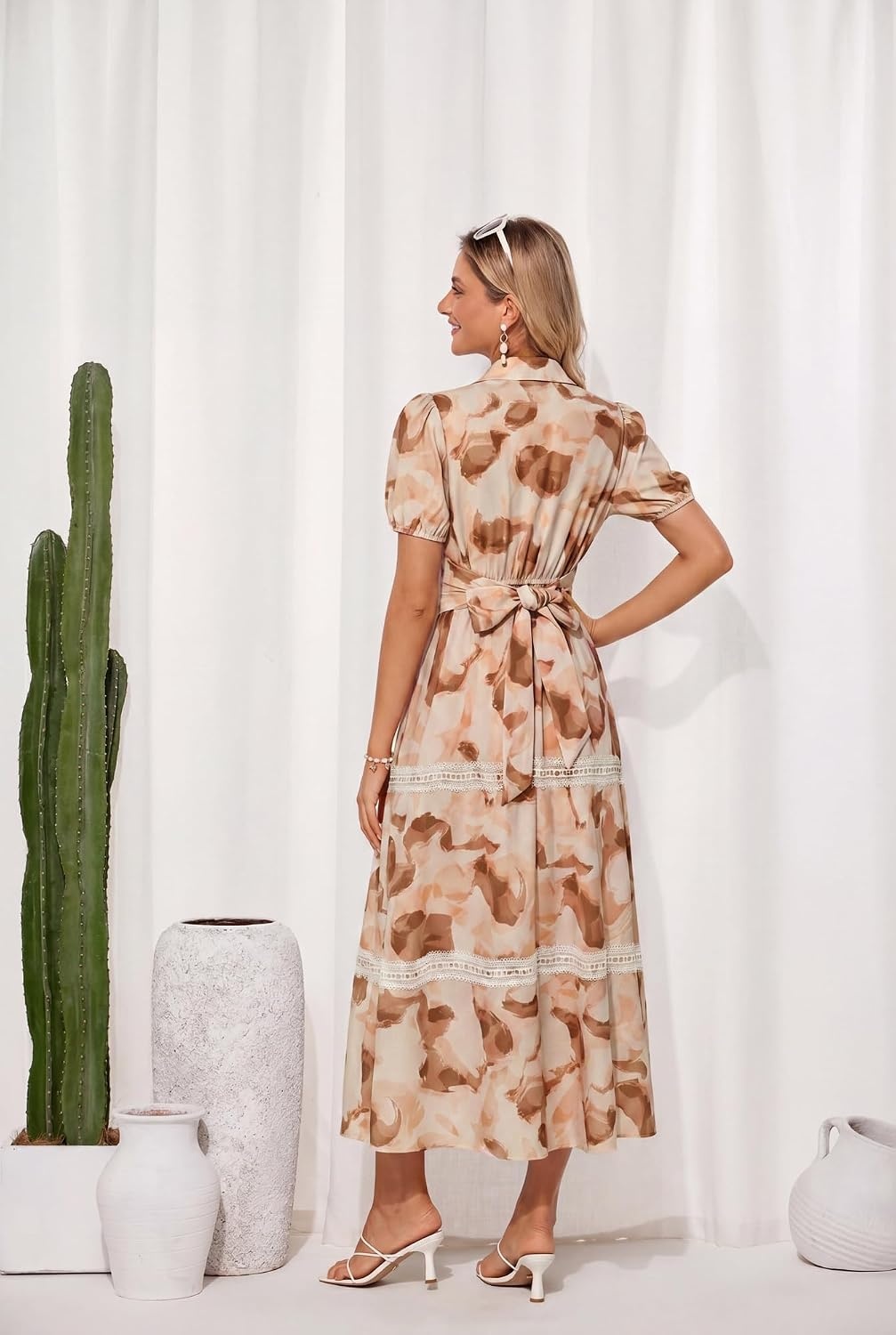 image:imageGRACE KARIN Womens 2026 Summer Floral Flowy Dresses Boho Tie Belt Short Puff Sleeve A Line Maxi Shirt Dress with PocketBeige Brown
