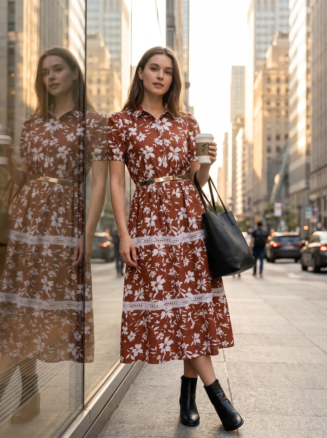 image:imageGRACE KARIN Womens 2026 Summer Floral Flowy Dresses Boho Tie Belt Short Puff Sleeve A Line Maxi Shirt Dress with PocketBrown White