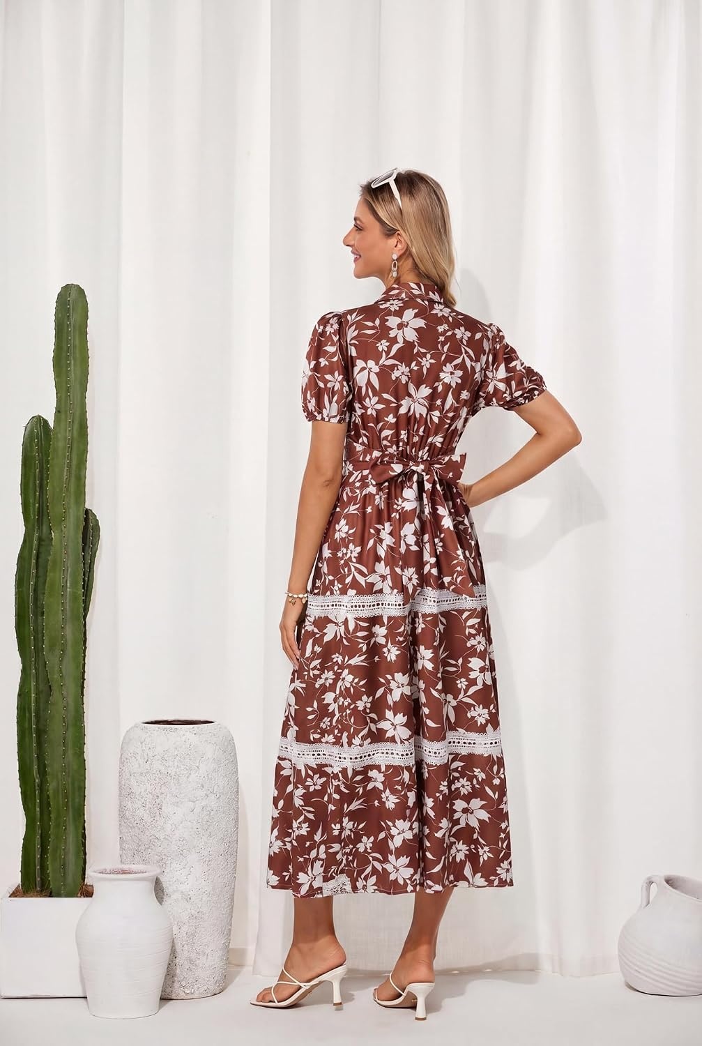 image:imageGRACE KARIN Womens 2026 Summer Floral Flowy Dresses Boho Tie Belt Short Puff Sleeve A Line Maxi Shirt Dress with PocketBrown White
