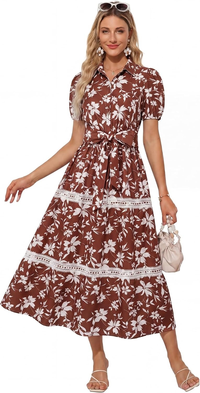image:imageGRACE KARIN Womens 2026 Summer Floral Flowy Dresses Boho Tie Belt Short Puff Sleeve A Line Maxi Shirt Dress with PocketBrown White