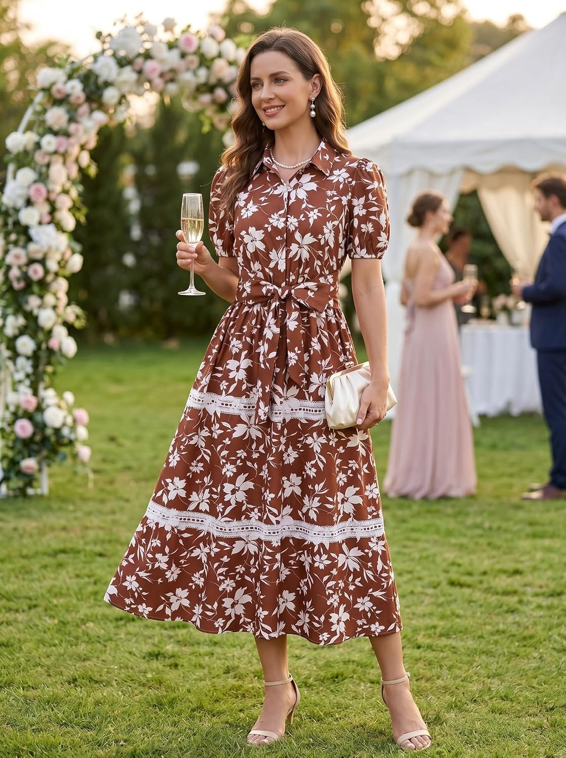 image:imageGRACE KARIN Womens 2026 Summer Floral Flowy Dresses Boho Tie Belt Short Puff Sleeve A Line Maxi Shirt Dress with PocketBrown White