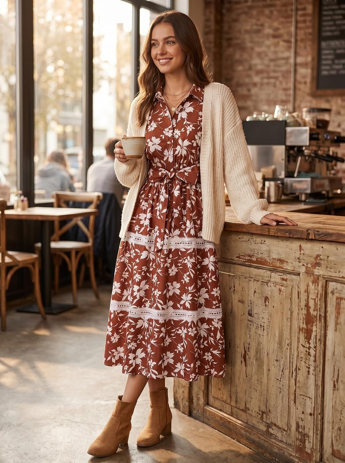 image:imageGRACE KARIN Womens 2026 Summer Floral Flowy Dresses Boho Tie Belt Short Puff Sleeve A Line Maxi Shirt Dress with PocketBrown White