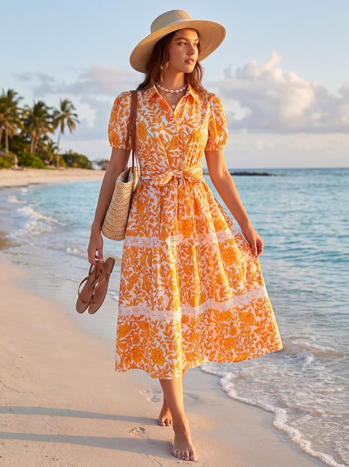 image:imageGRACE KARIN Womens 2026 Summer Floral Flowy Dresses Boho Tie Belt Short Puff Sleeve A Line Maxi Shirt Dress with PocketWhite Orange