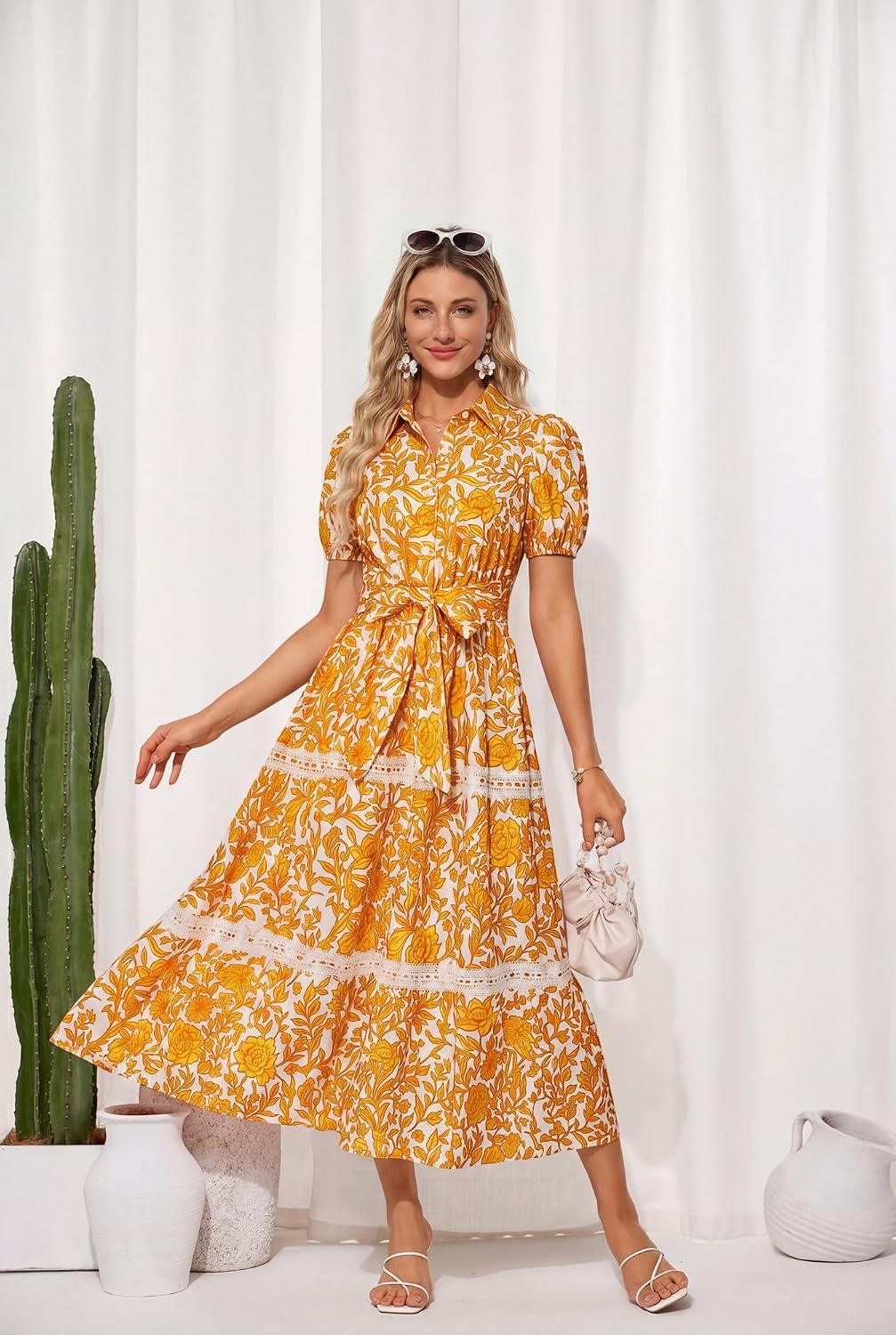 image:imageGRACE KARIN Womens 2026 Summer Floral Flowy Dresses Boho Tie Belt Short Puff Sleeve A Line Maxi Shirt Dress with PocketWhite Orange