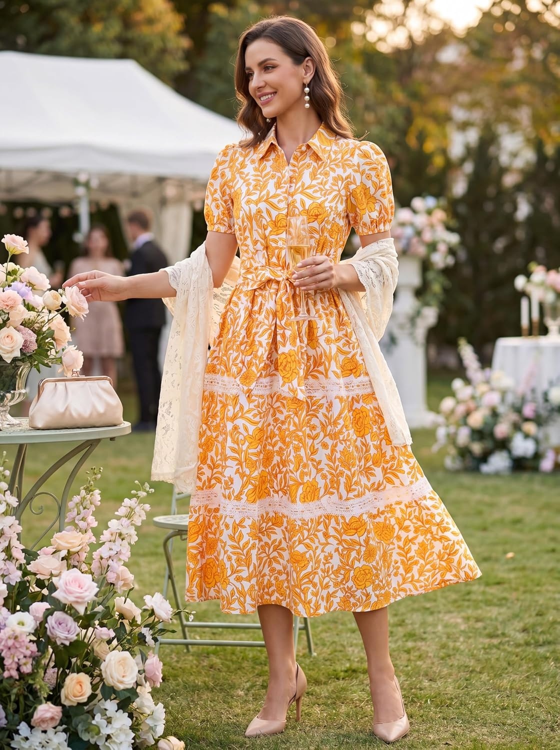 image:imageGRACE KARIN Womens 2026 Summer Floral Flowy Dresses Boho Tie Belt Short Puff Sleeve A Line Maxi Shirt Dress with PocketWhite Orange