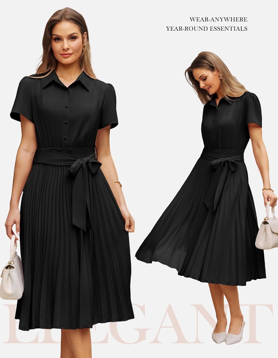 image:imageGRACE KARIN Womens 2026 Summer Midi Work Dress Short Sleeve Button Shirt Dresses A Line Pleated Belt Business Casual DressesBlack