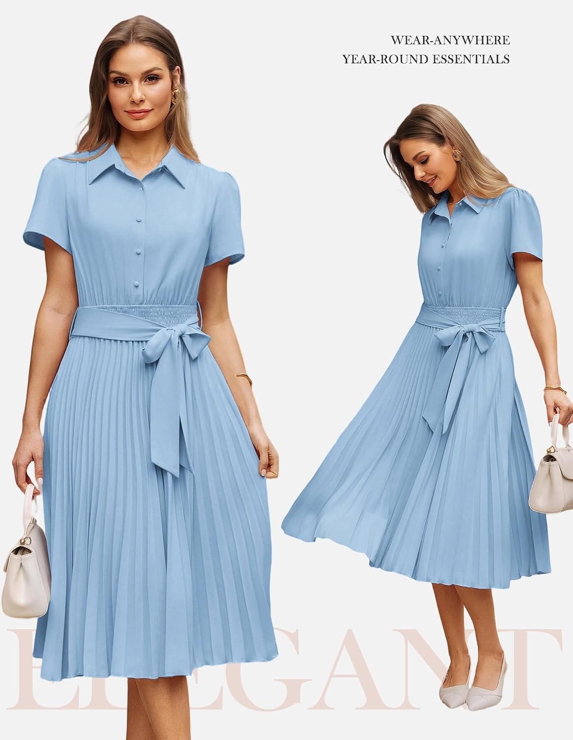 image:imageGRACE KARIN Womens 2026 Summer Midi Work Dress Short Sleeve Button Shirt Dresses A Line Pleated Belt Business Casual DressesLight Blue