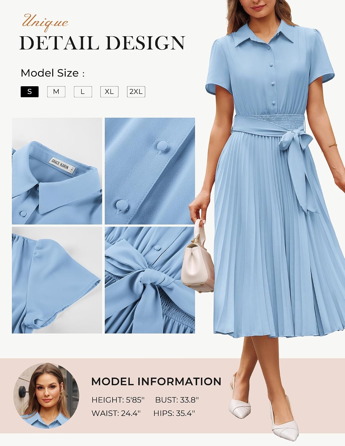 image:imageGRACE KARIN Womens 2026 Summer Midi Work Dress Short Sleeve Button Shirt Dresses A Line Pleated Belt Business Casual DressesLight Blue