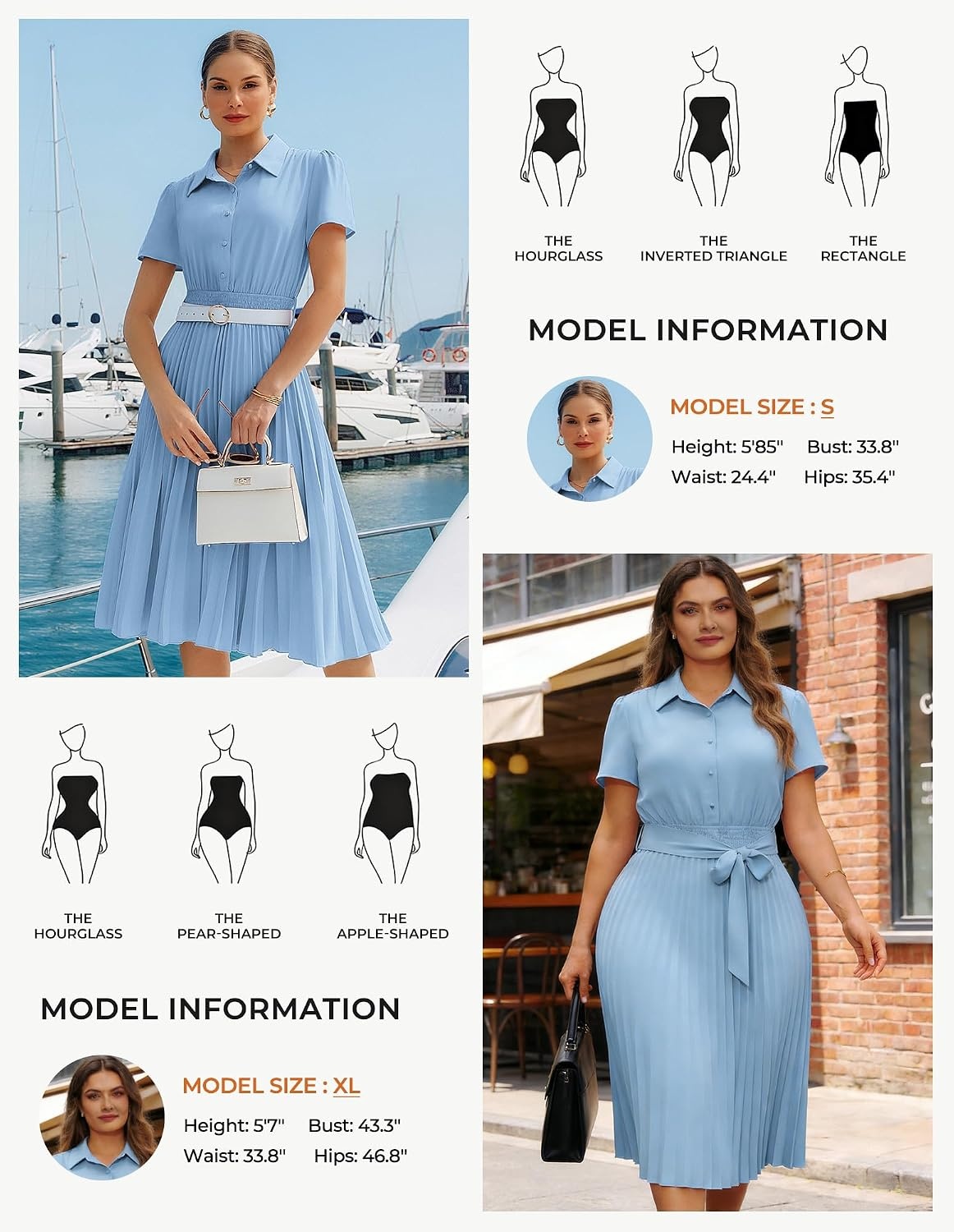 image:imageGRACE KARIN Womens 2026 Summer Midi Work Dress Short Sleeve Button Shirt Dresses A Line Pleated Belt Business Casual DressesLight Blue