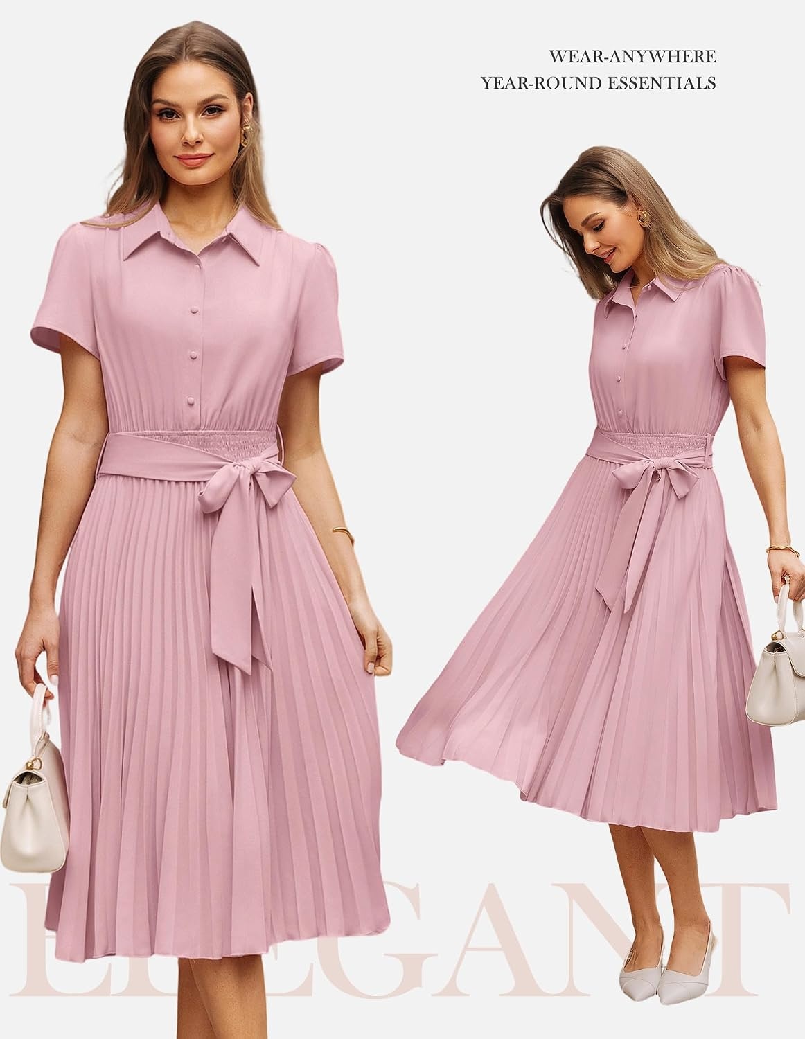 image:imageGRACE KARIN Womens 2026 Summer Midi Work Dress Short Sleeve Button Shirt Dresses A Line Pleated Belt Business Casual DressesLight Pink