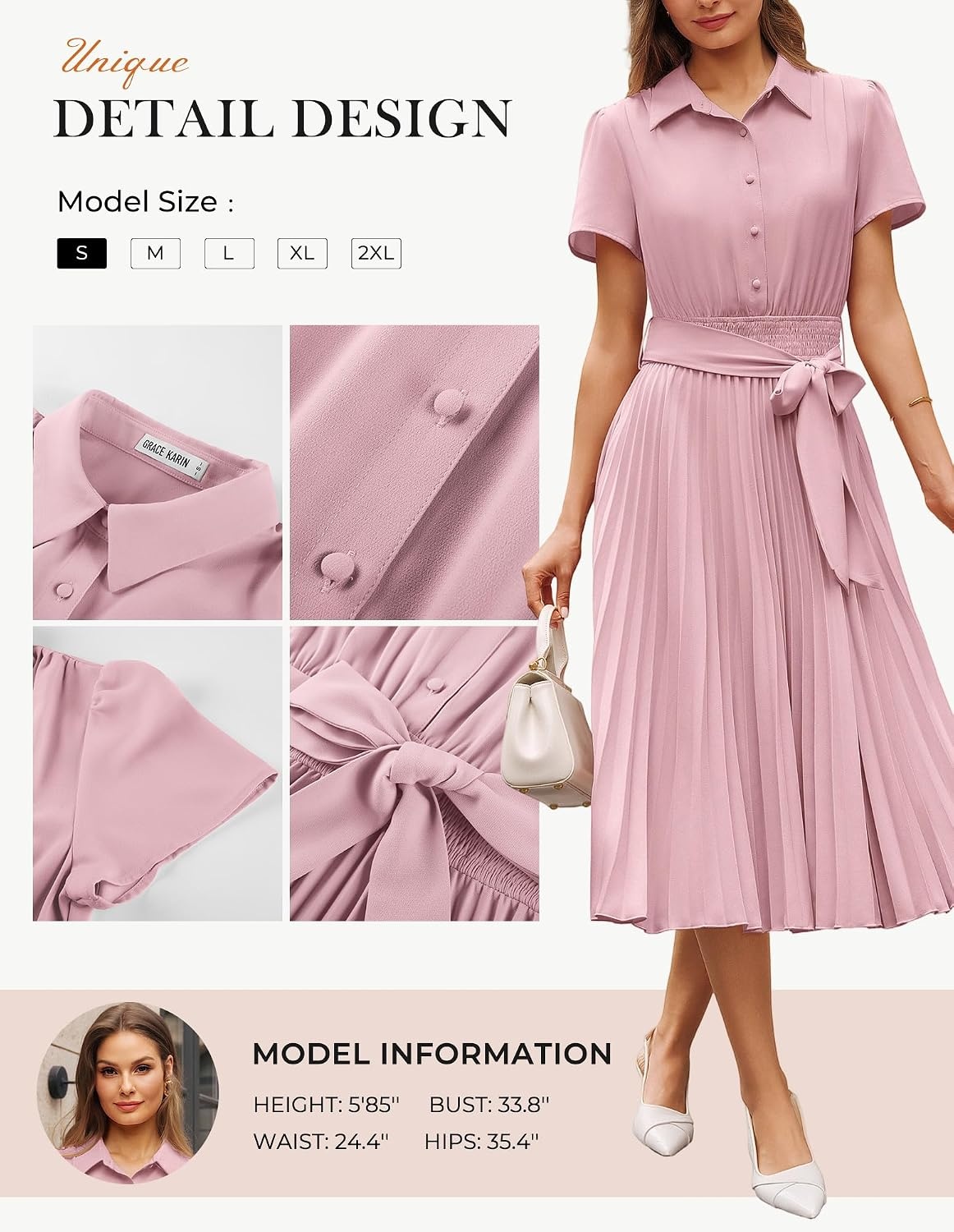image:imageGRACE KARIN Womens 2026 Summer Midi Work Dress Short Sleeve Button Shirt Dresses A Line Pleated Belt Business Casual DressesLight Pink