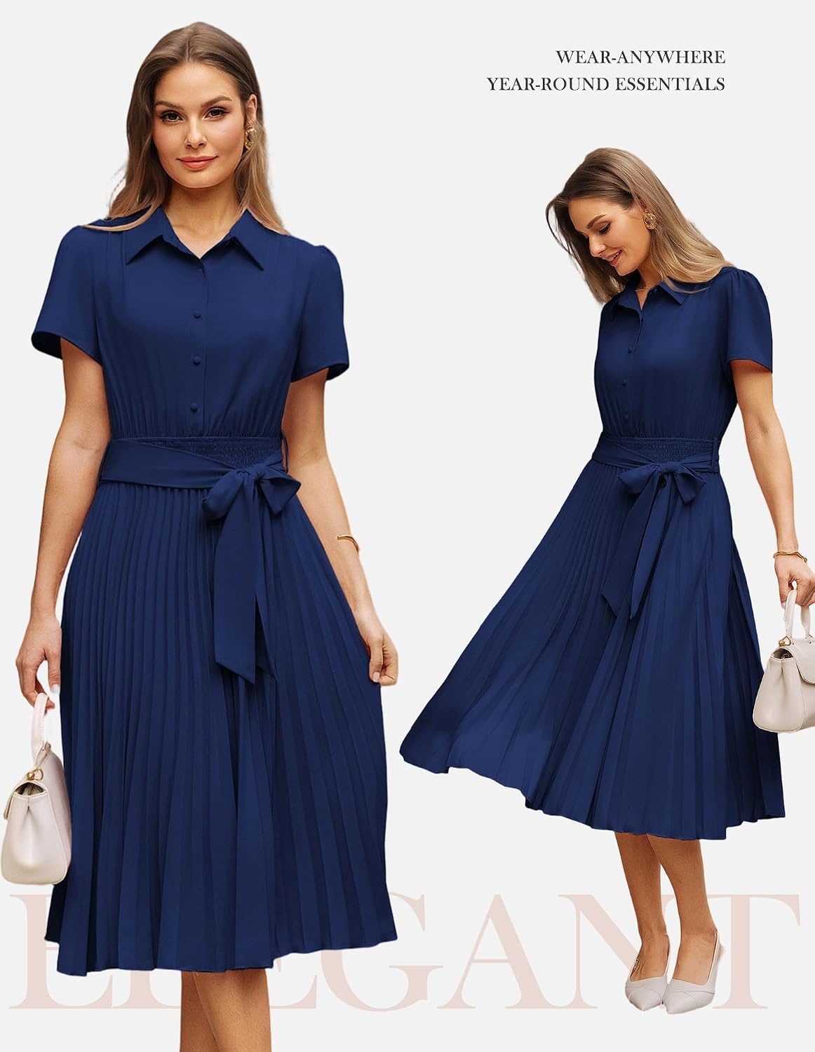 image:imageGRACE KARIN Womens 2026 Summer Midi Work Dress Short Sleeve Button Shirt Dresses A Line Pleated Belt Business Casual DressesNavy Blue