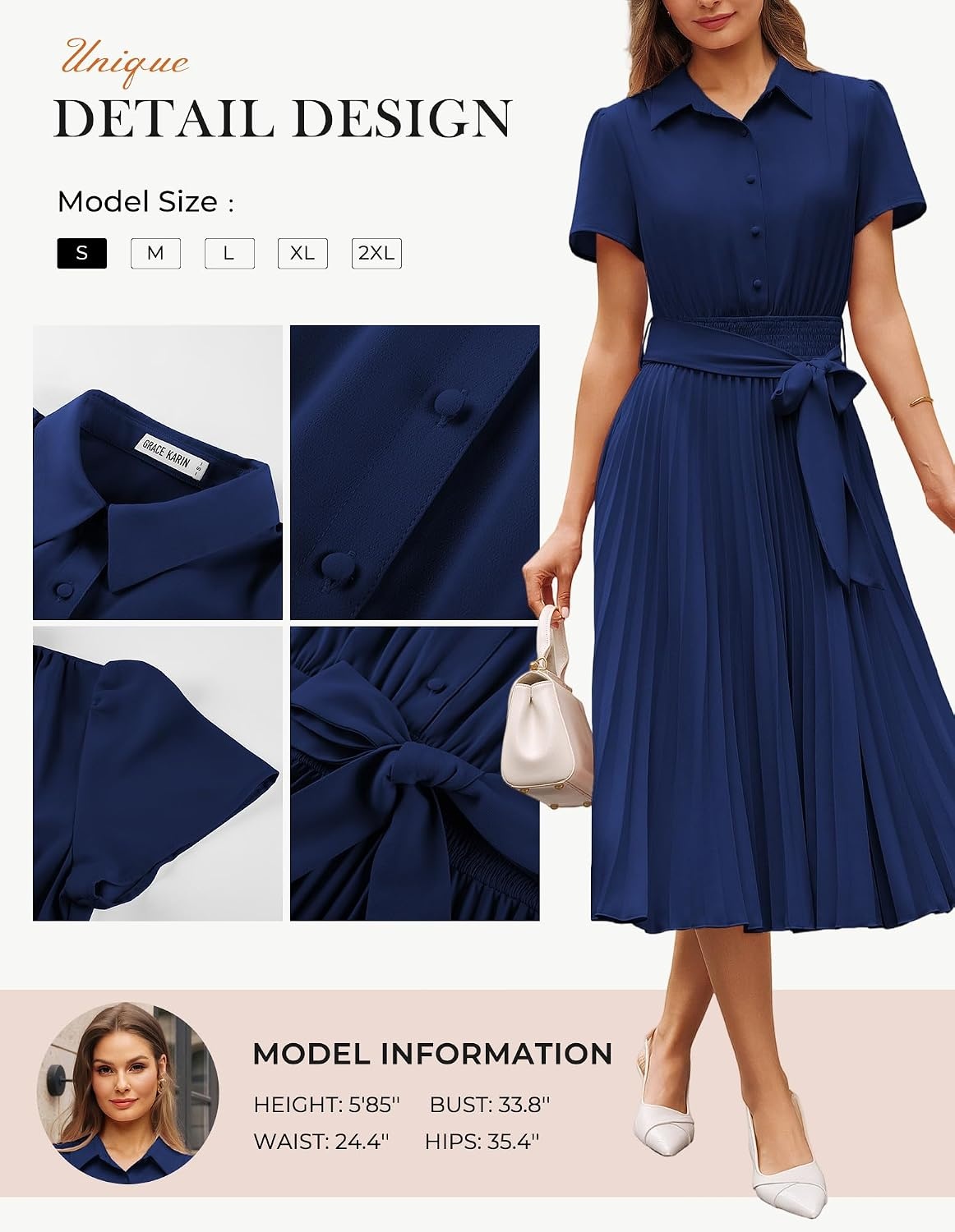 image:imageGRACE KARIN Womens 2026 Summer Midi Work Dress Short Sleeve Button Shirt Dresses A Line Pleated Belt Business Casual DressesNavy Blue