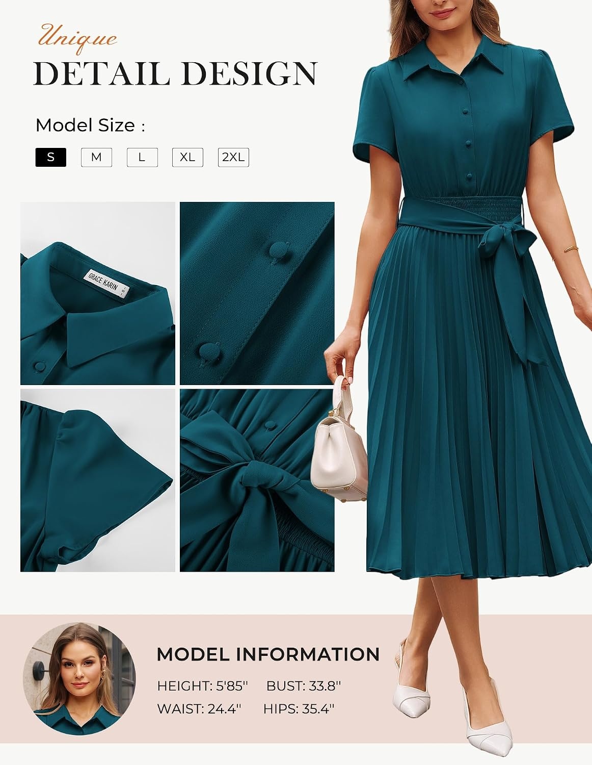 image:imageGRACE KARIN Womens 2026 Summer Midi Work Dress Short Sleeve Button Shirt Dresses A Line Pleated Belt Business Casual DressesPeacock Blue