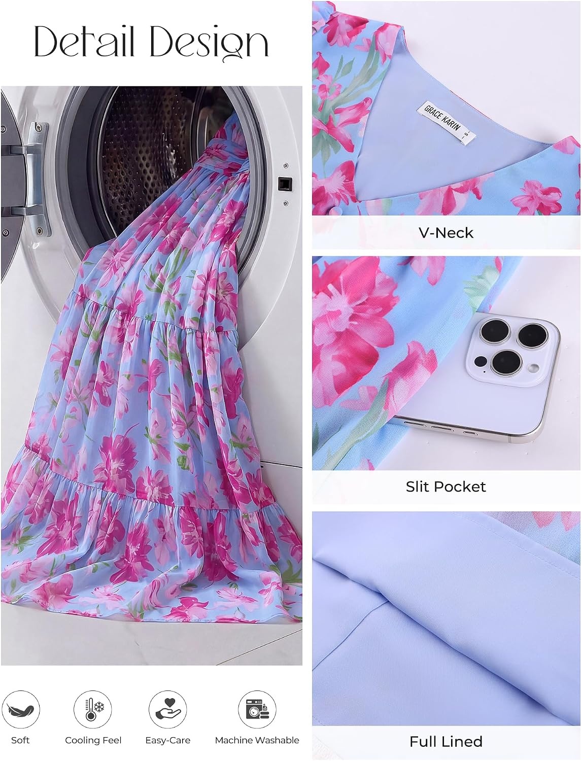image:imageGRACE KARIN Womens 2026 Summer Wedding Guest Maxi Dresses Floral V Neck Short Sleeve Elegant Flowy Formal Dress with PocketsFloral Purple Pink