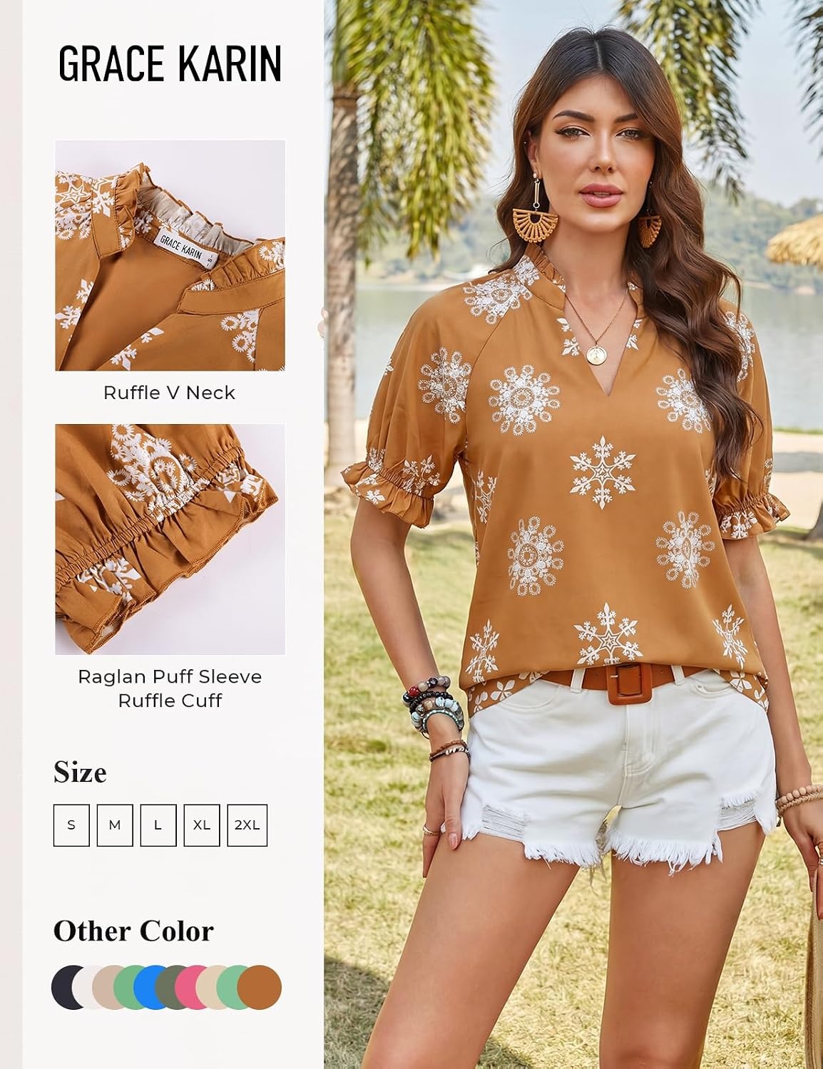 image:imageGRACE KARIN Womens Boho Tops Summer Spring Cotton Floral Blouses Short Sleeve Print Shirts V Neck Beach Vacation Clothes 2026Brown Boho Floral