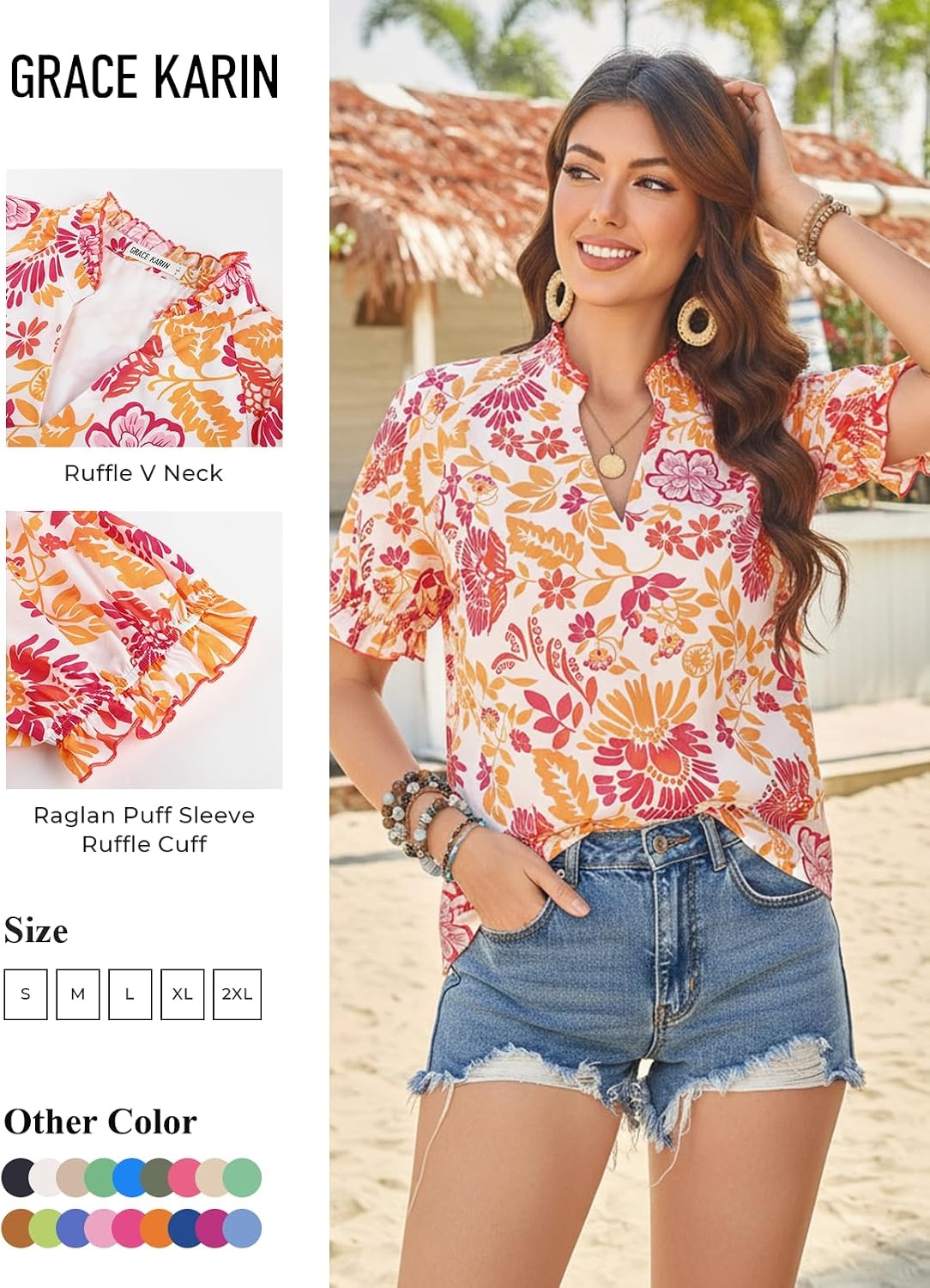 image:imageGRACE KARIN Womens Boho Tops Summer Spring Cotton Floral Blouses Short Sleeve Print Shirts V Neck Beach Vacation Clothes 2026Orange Red Floral