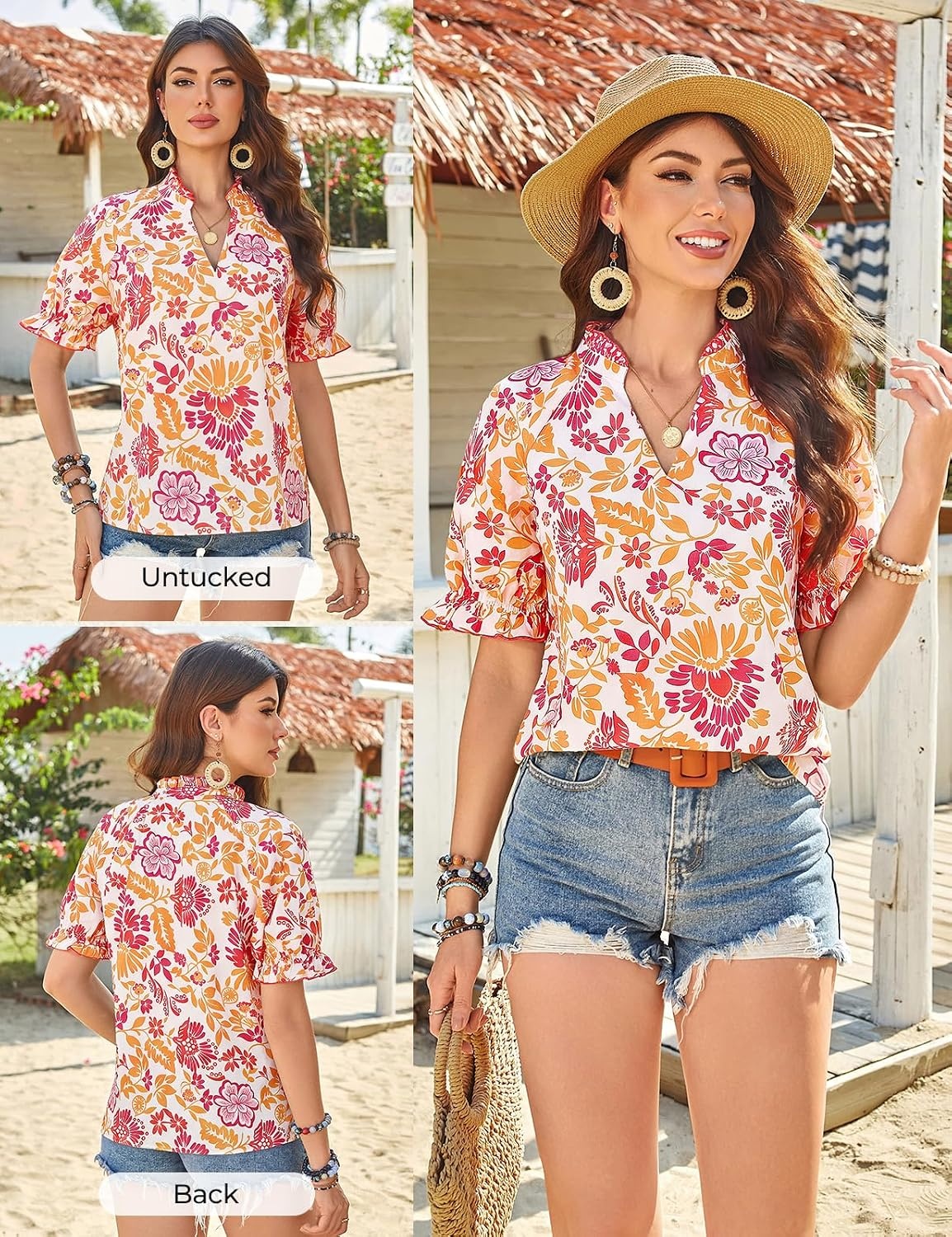 image:imageGRACE KARIN Womens Boho Tops Summer Spring Cotton Floral Blouses Short Sleeve Print Shirts V Neck Beach Vacation Clothes 2026Orange Red Floral