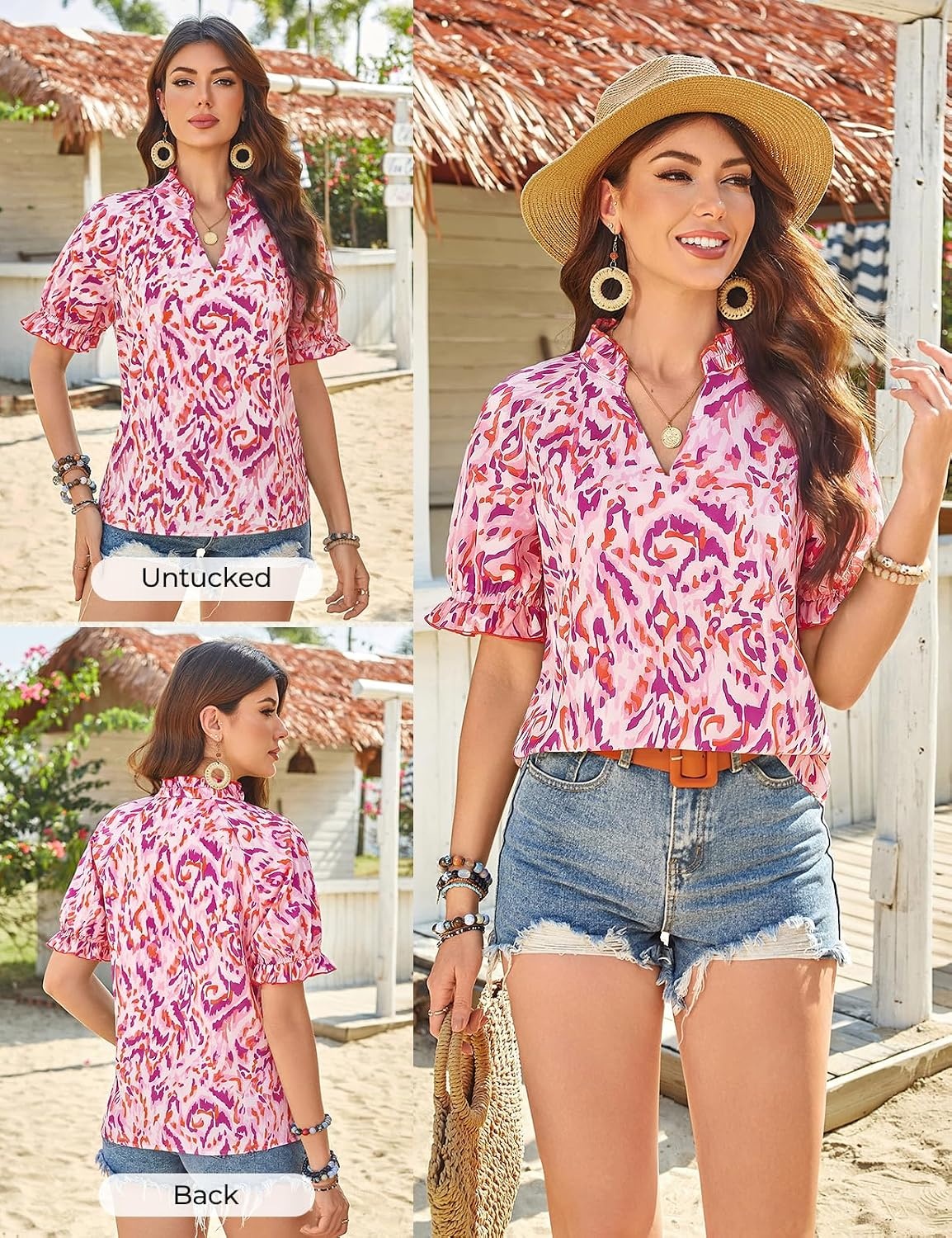 image:imageGRACE KARIN Womens Boho Tops Summer Spring Cotton Floral Blouses Short Sleeve Print Shirts V Neck Beach Vacation Clothes 2026Pink Wave Floral