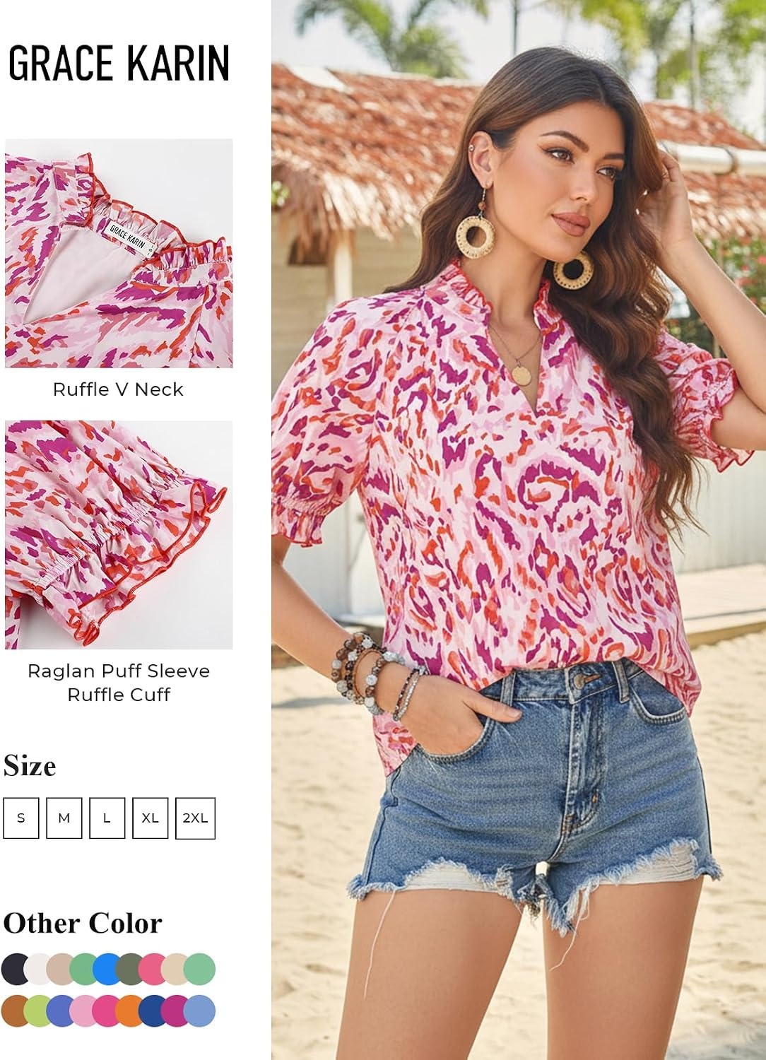 image:imageGRACE KARIN Womens Boho Tops Summer Spring Cotton Floral Blouses Short Sleeve Print Shirts V Neck Beach Vacation Clothes 2026Pink Wave Floral