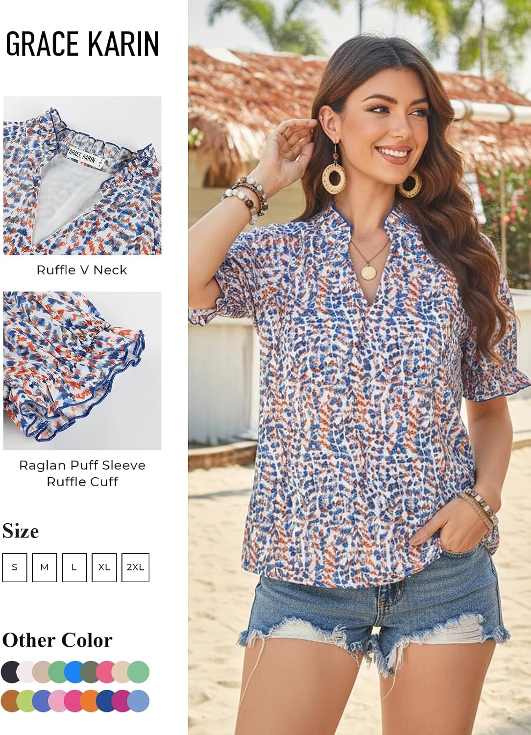 image:imageGRACE KARIN Womens Boho Tops Summer Spring Cotton Floral Blouses Short Sleeve Print Shirts V Neck Beach Vacation Clothes 2026White Blue Orange Floral