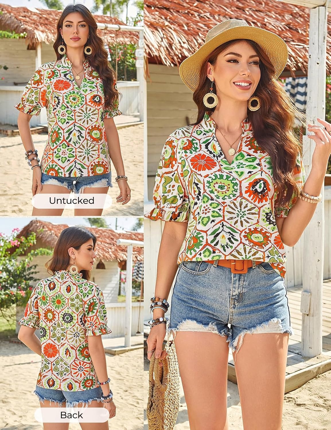 image:imageGRACE KARIN Womens Boho Tops Summer Spring Cotton Floral Blouses Short Sleeve Print Shirts V Neck Beach Vacation Clothes 2026White Green Hexagonal Floral