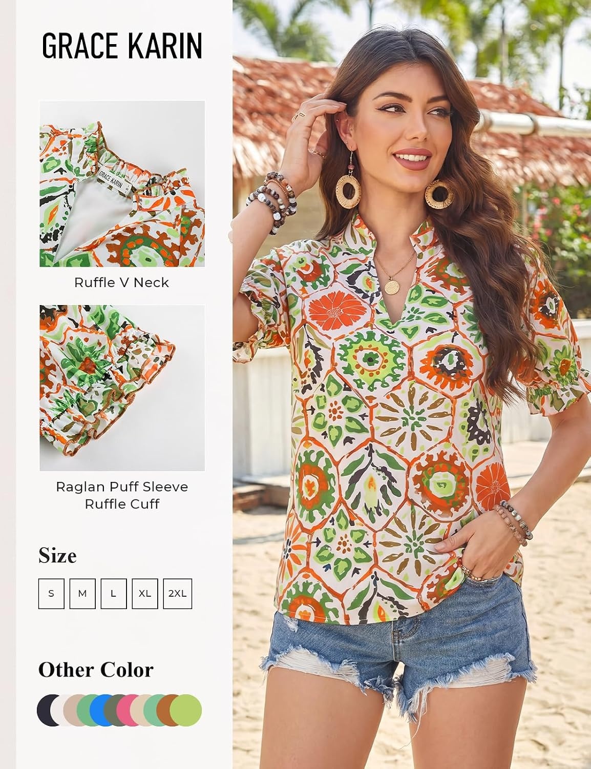image:imageGRACE KARIN Womens Boho Tops Summer Spring Cotton Floral Blouses Short Sleeve Print Shirts V Neck Beach Vacation Clothes 2026White Green Hexagonal Floral