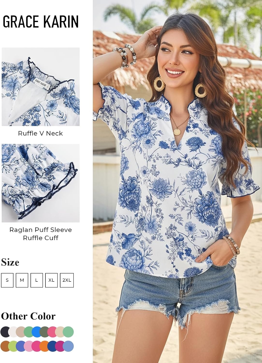 image:imageGRACE KARIN Womens Boho Tops Summer Spring Cotton Floral Blouses Short Sleeve Print Shirts V Neck Beach Vacation Clothes 2026White Light Blue Floral