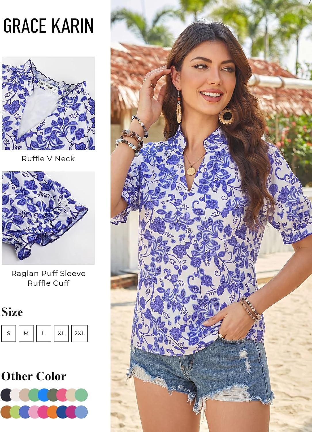 image:imageGRACE KARIN Womens Boho Tops Summer Spring Cotton Floral Blouses Short Sleeve Print Shirts V Neck Beach Vacation Clothes 2026White Navy Blue Floral