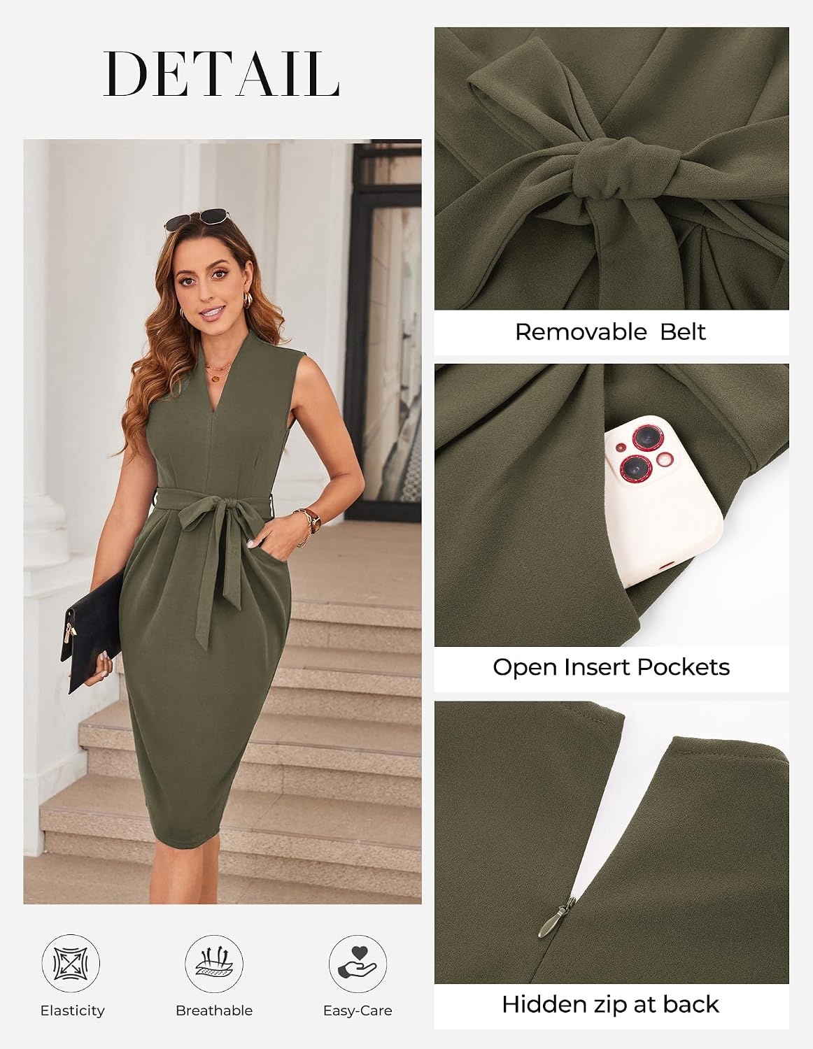 image:imageGRACE KARIN Womens Business Dresses Sleeveless V Neck Bodycon Sheath Dress Zipper Up Office Work Dress with PocketsArmy Green
