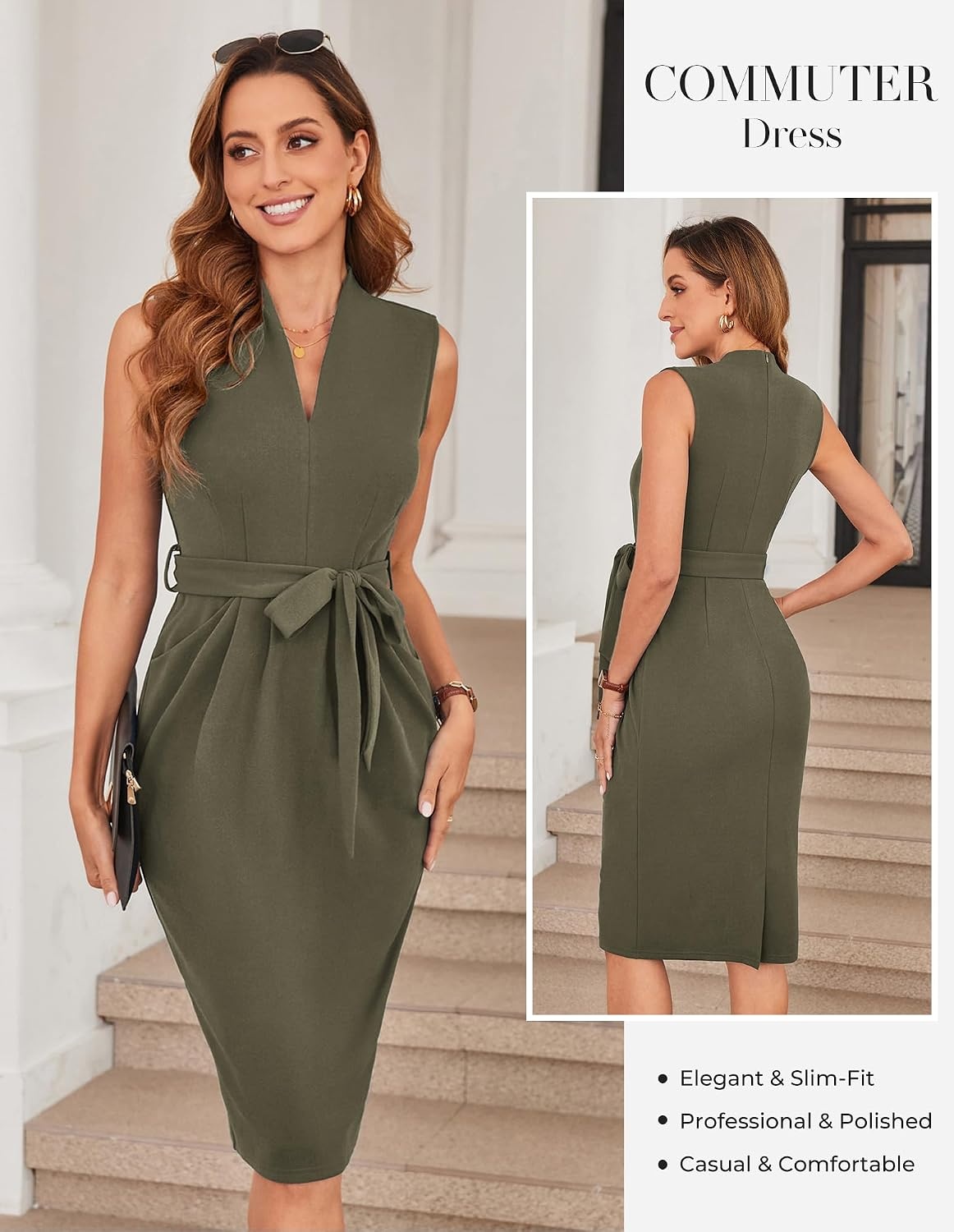 image:imageGRACE KARIN Womens Business Dresses Sleeveless V Neck Bodycon Sheath Dress Zipper Up Office Work Dress with PocketsArmy Green