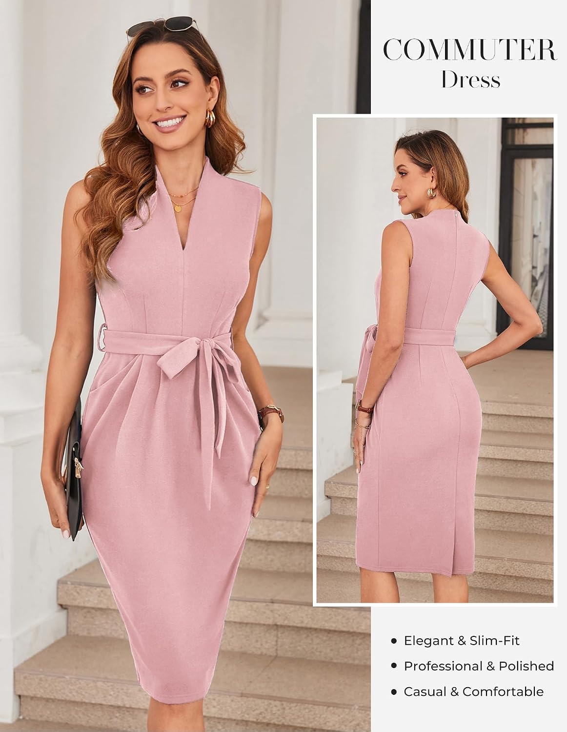 image:imageGRACE KARIN Womens Business Dresses Sleeveless V Neck Bodycon Sheath Dress Zipper Up Office Work Dress with PocketsGray Pink