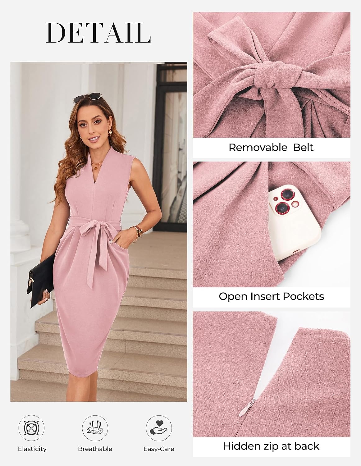 image:imageGRACE KARIN Womens Business Dresses Sleeveless V Neck Bodycon Sheath Dress Zipper Up Office Work Dress with PocketsGray Pink