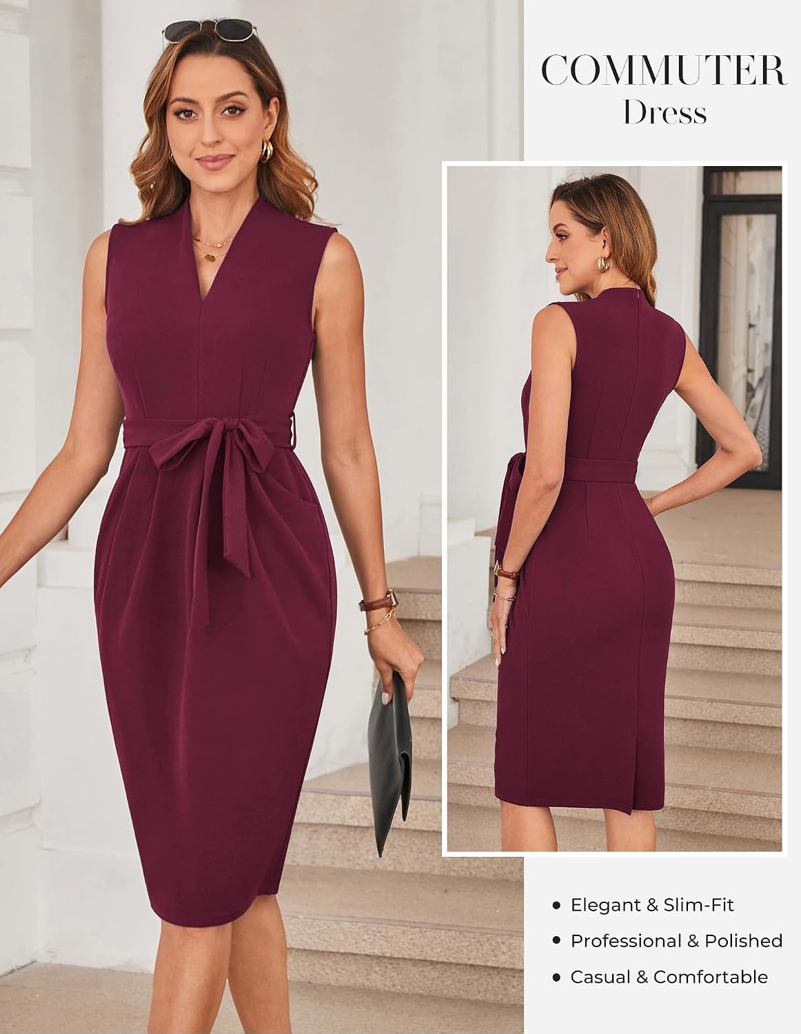 image:imageGRACE KARIN Womens Business Dresses Sleeveless V Neck Bodycon Sheath Dress Zipper Up Office Work Dress with PocketsWine Red