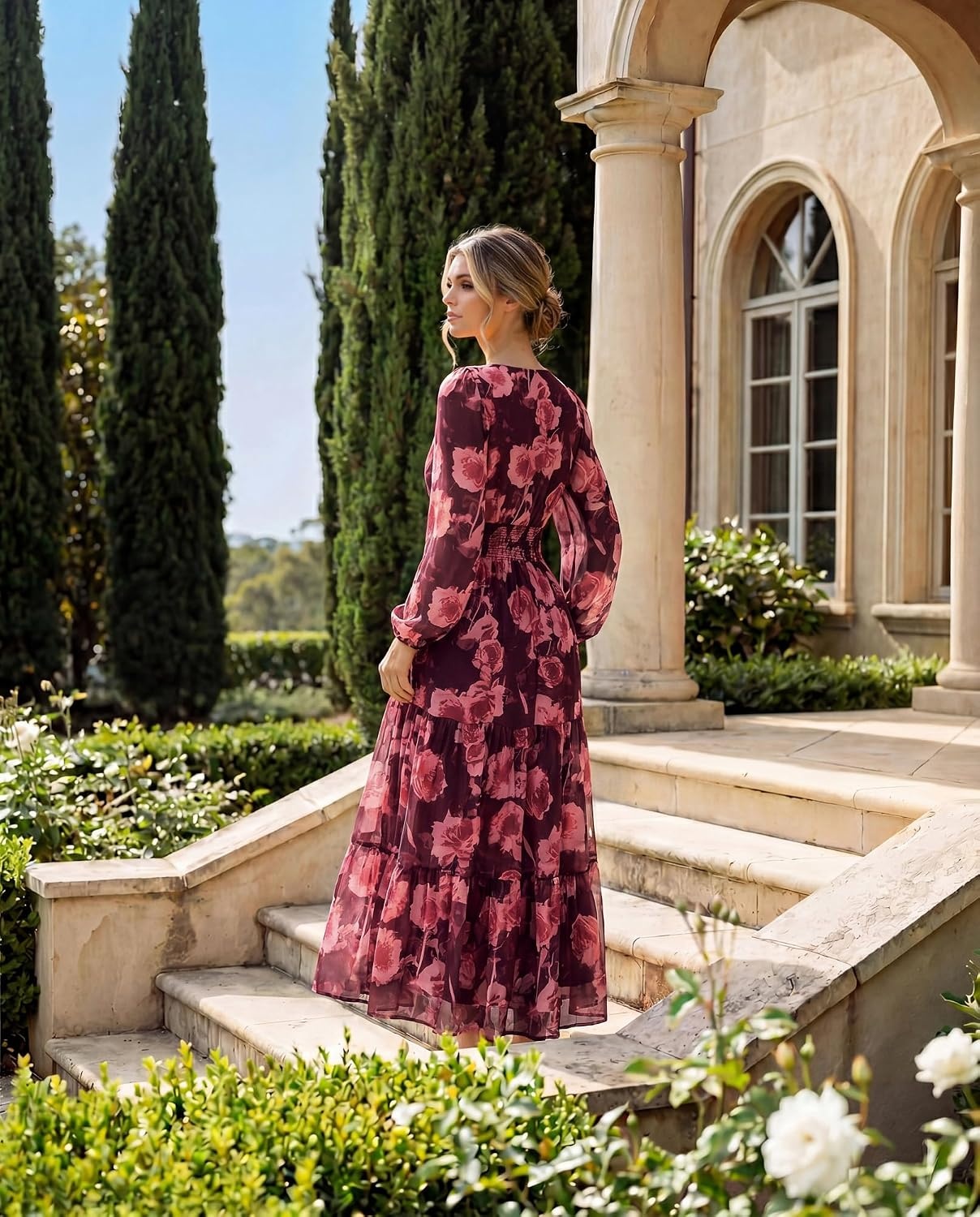 image:imageGRACE KARIN Womens Floral Long Sleeve DressElegance Wedding Guest DressesV Neck Flowy Boho Maxi Dress with PocketDark Red With Red Flowers