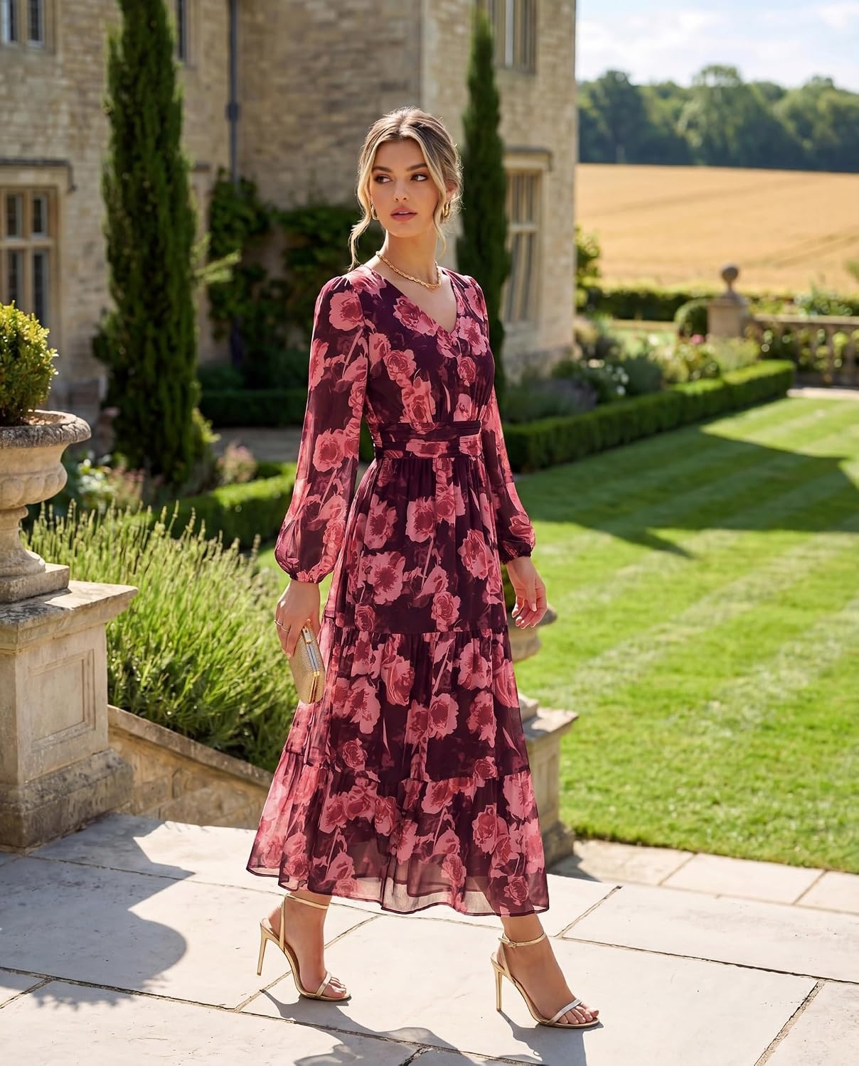 image:imageGRACE KARIN Womens Floral Long Sleeve DressElegance Wedding Guest DressesV Neck Flowy Boho Maxi Dress with PocketDark Red With Red Flowers