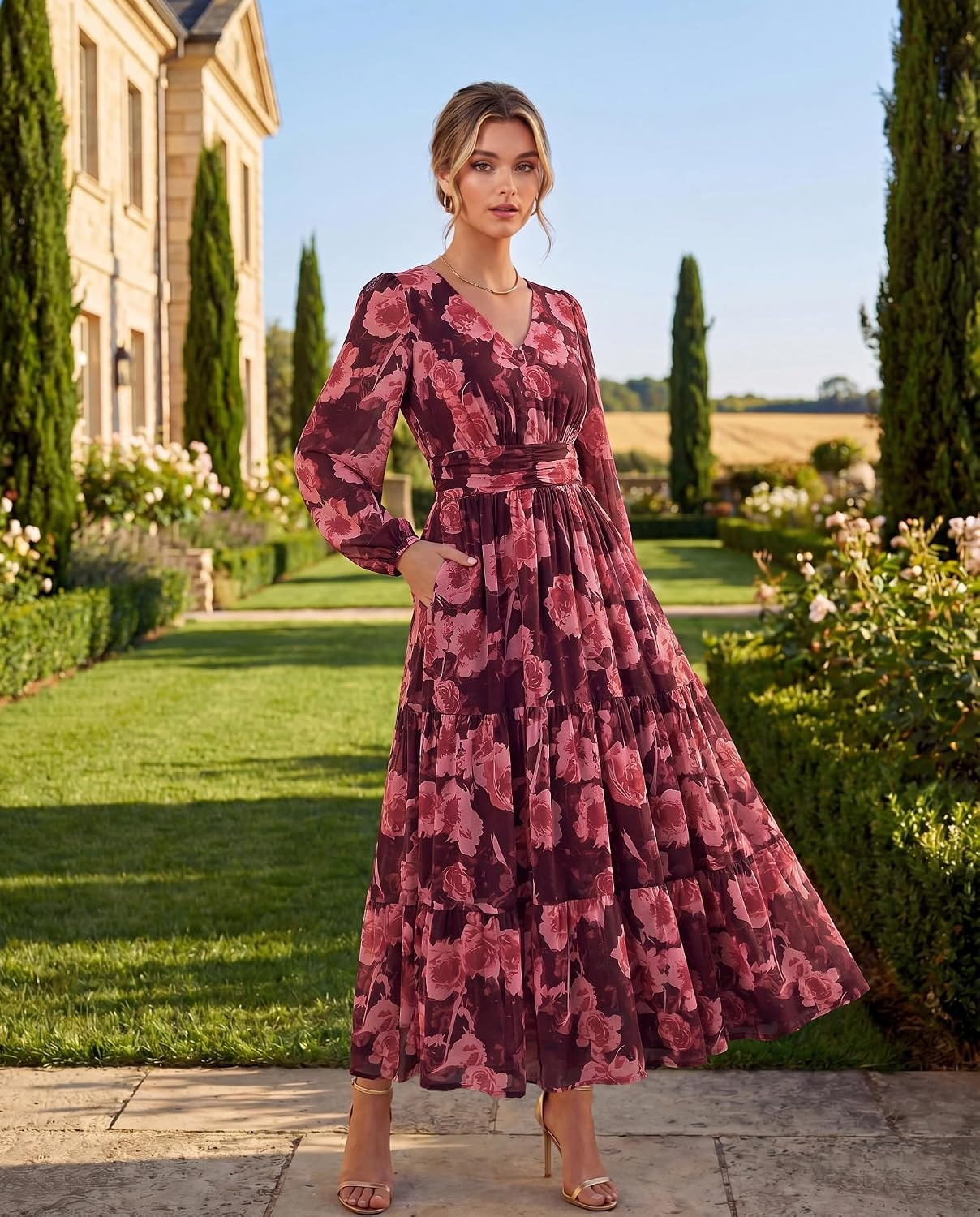 image:imageGRACE KARIN Womens Floral Long Sleeve DressElegance Wedding Guest DressesV Neck Flowy Boho Maxi Dress with PocketDark Red With Red Flowers