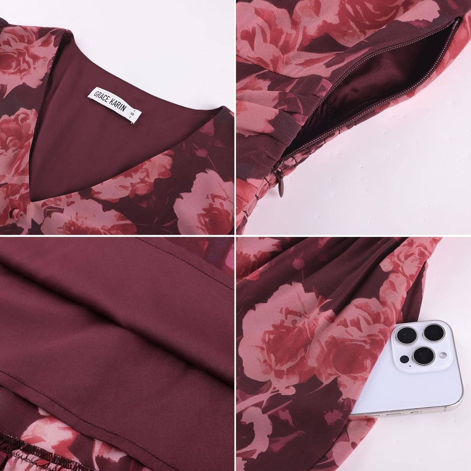image:imageGRACE KARIN Womens Floral Long Sleeve DressElegance Wedding Guest DressesV Neck Flowy Boho Maxi Dress with PocketDark Red With Red Flowers